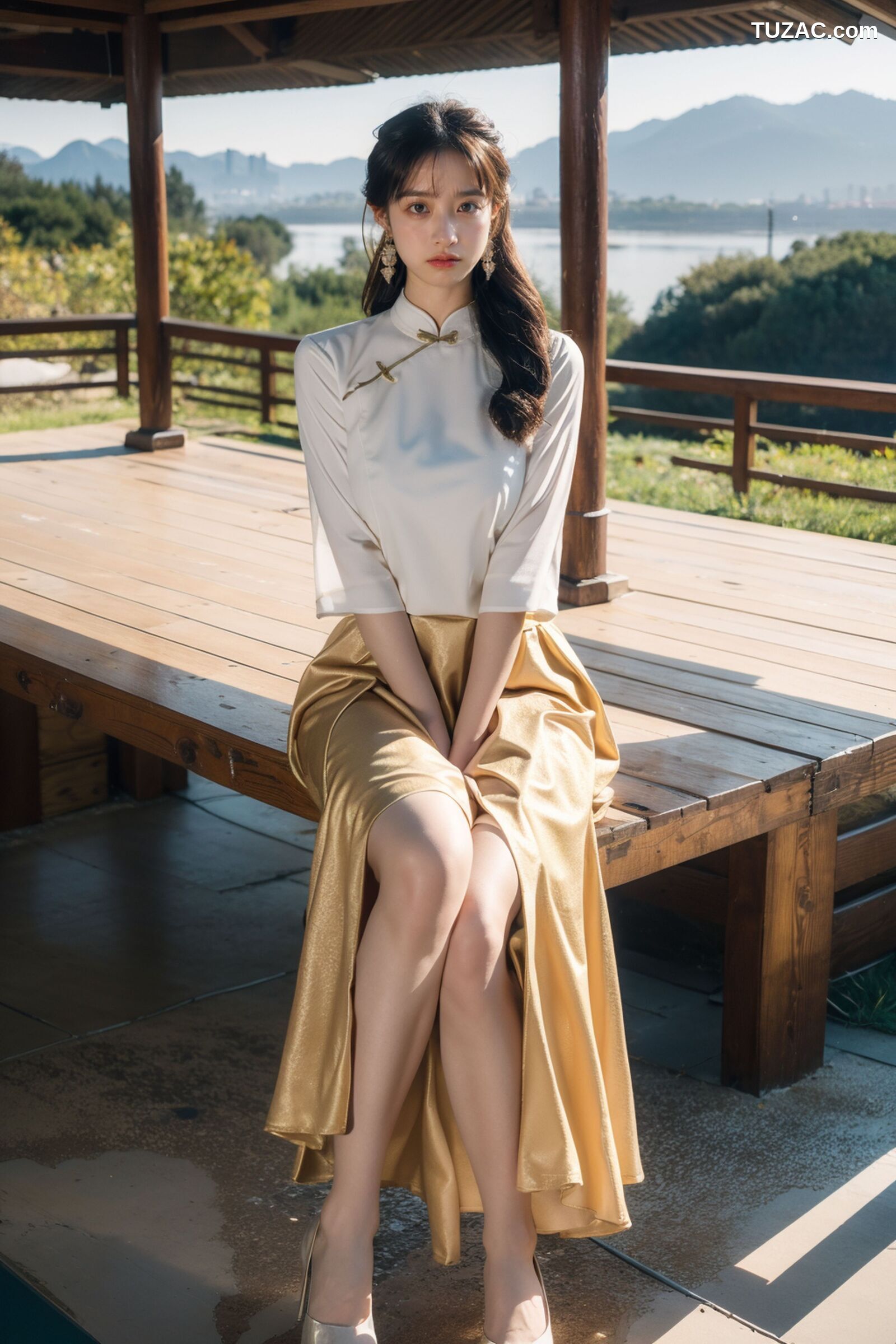 AI美女-拟实-民国风白衫长裙户外河边