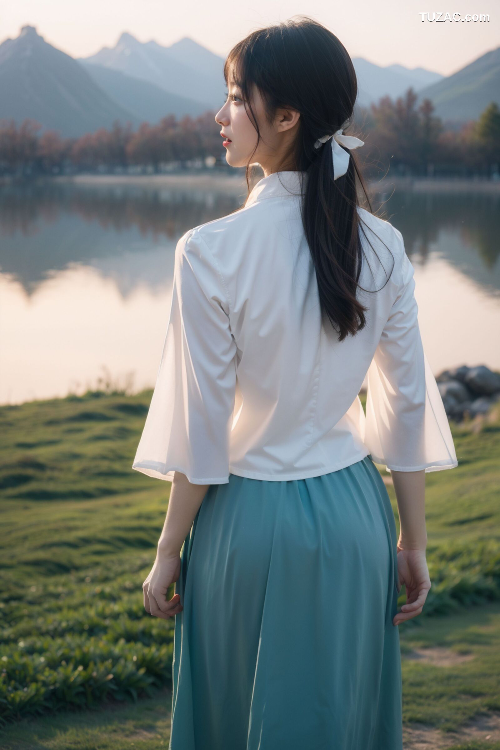 AI美女-拟实-民国风白衫长裙户外河边