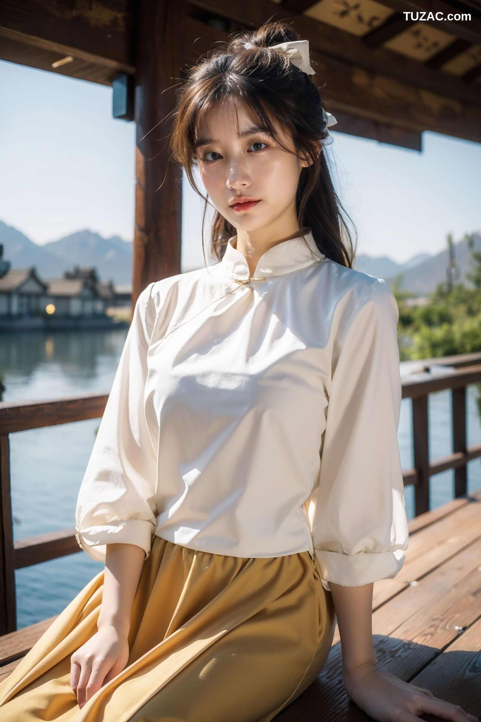 AI美女-拟实-民国风白衫长裙户外河边