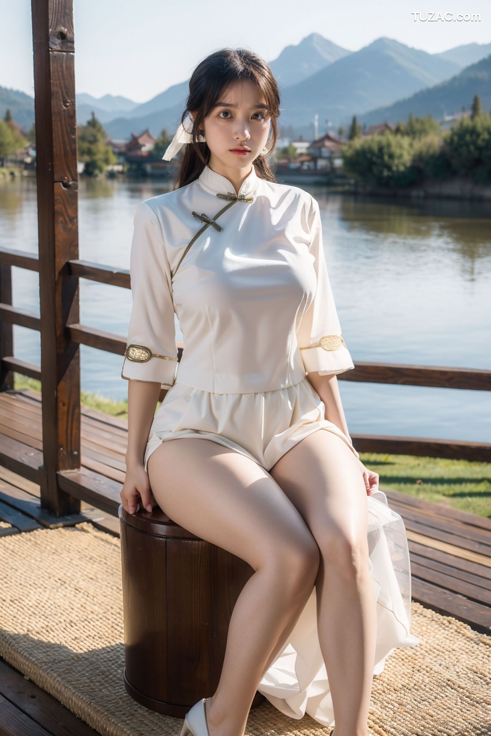 AI美女-拟实-民国风白衫长裙户外河边