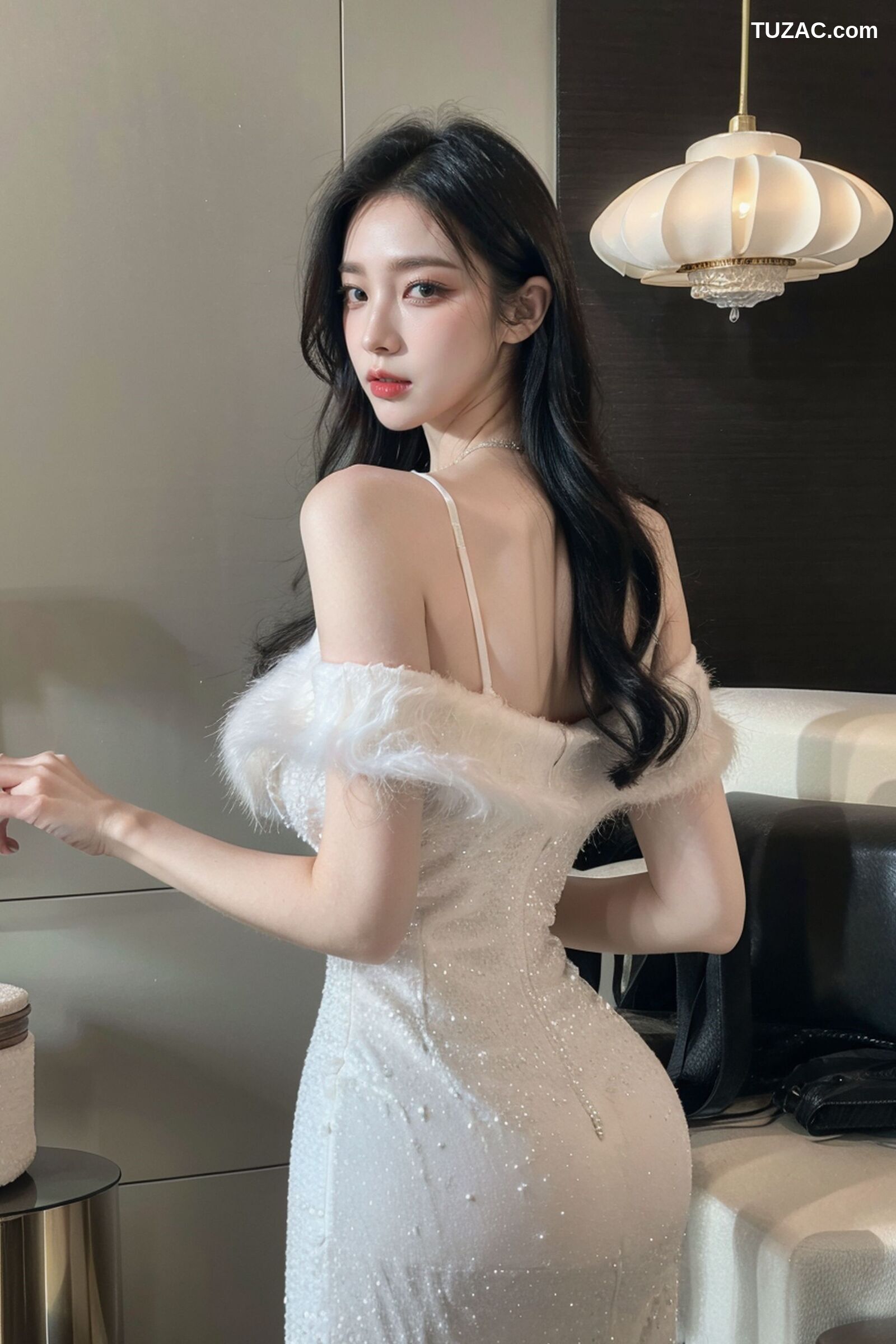 AI美女-拟实-沙发上的白裙美女