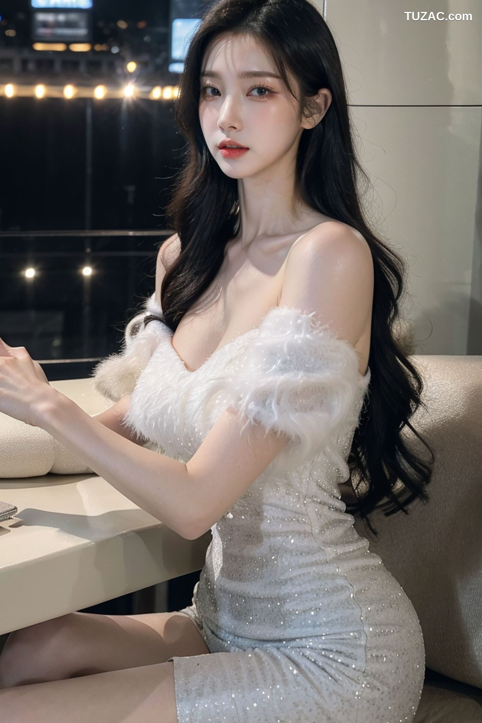 AI美女-拟实-沙发上的白裙美女