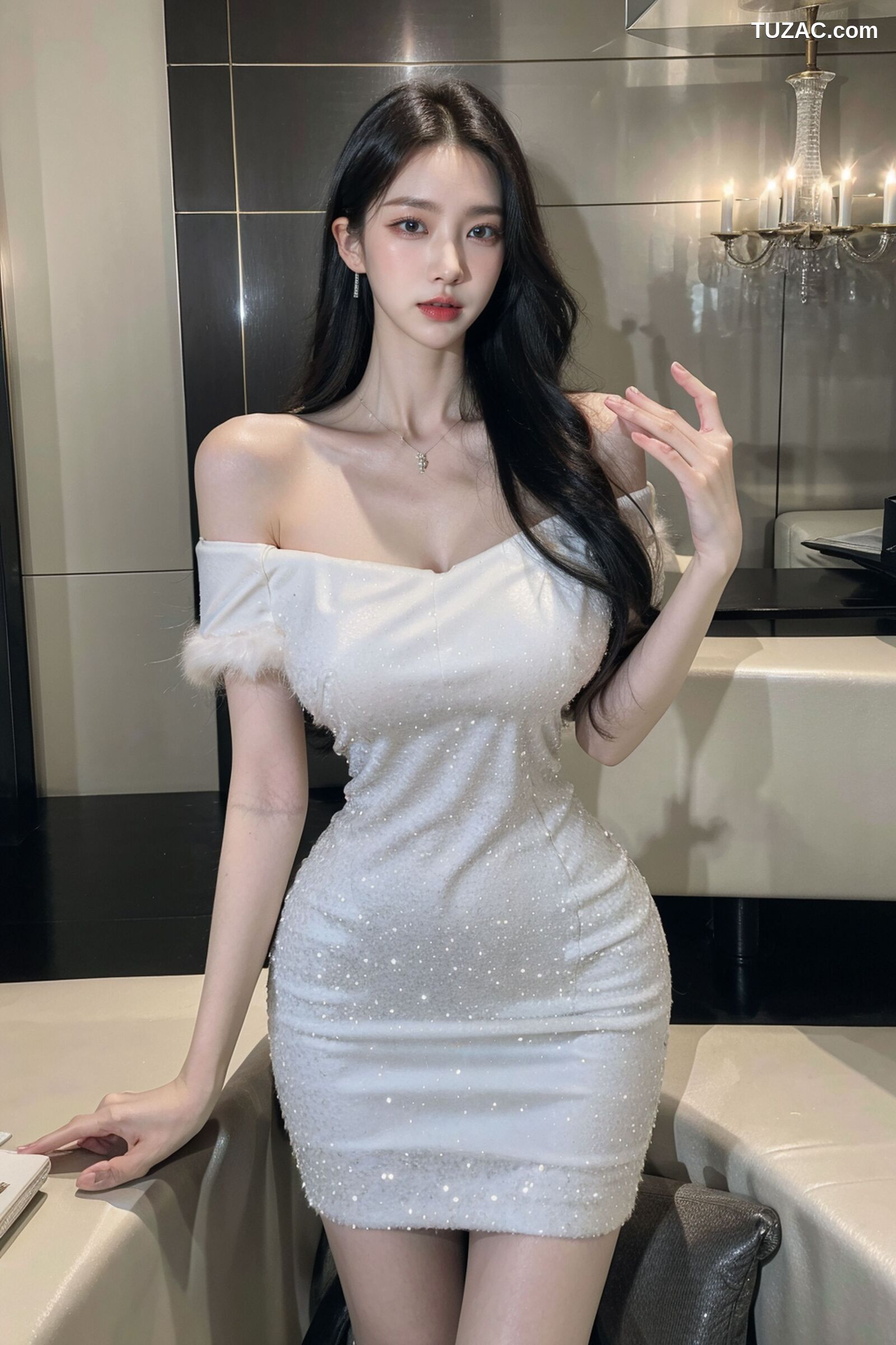 AI美女-拟实-沙发上的白裙美女