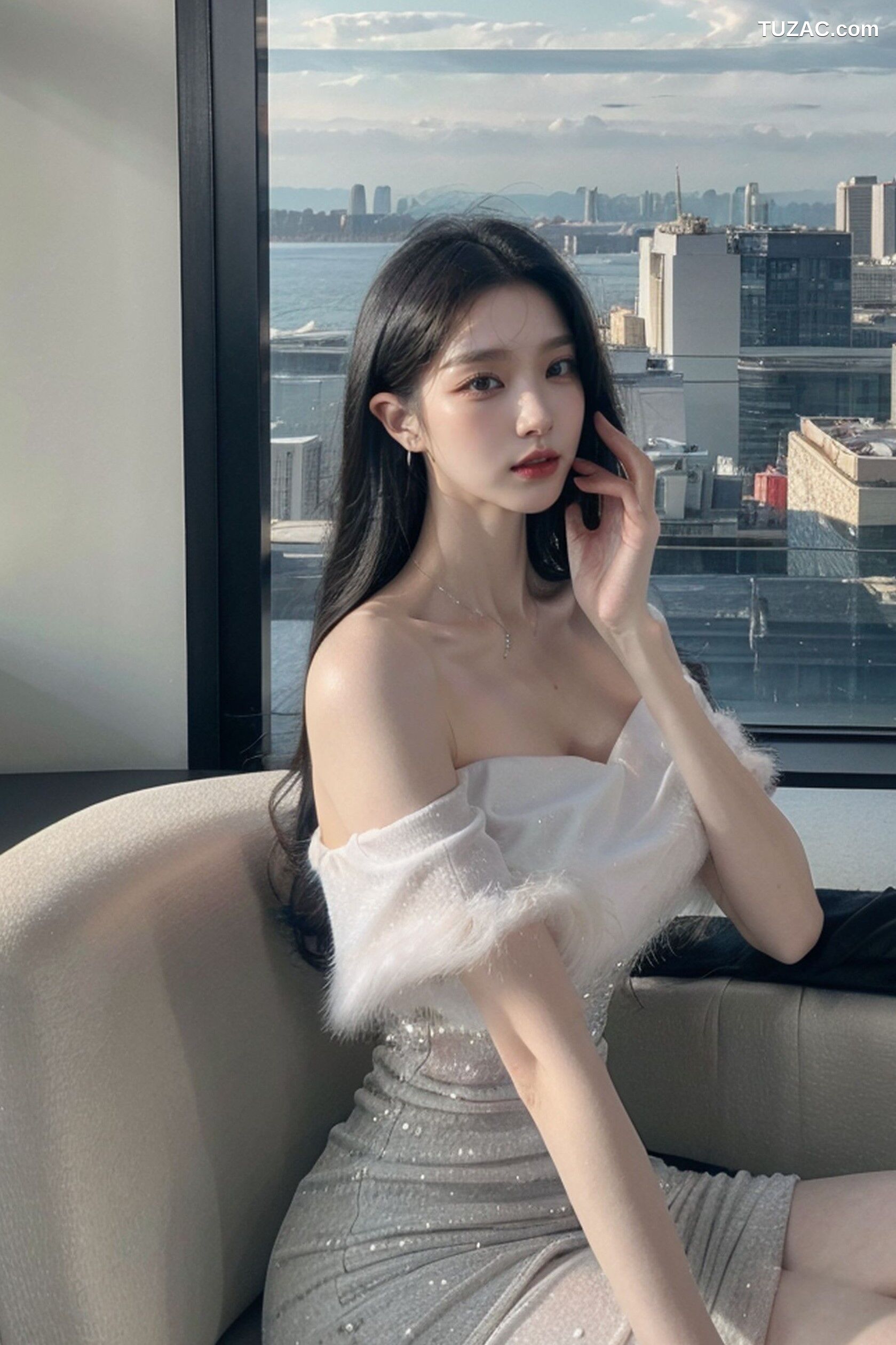 AI美女-拟实-沙发上的白裙美女