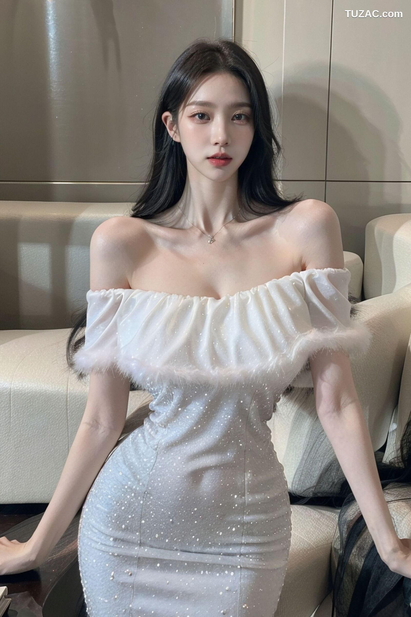 AI美女-拟实-沙发上的白裙美女