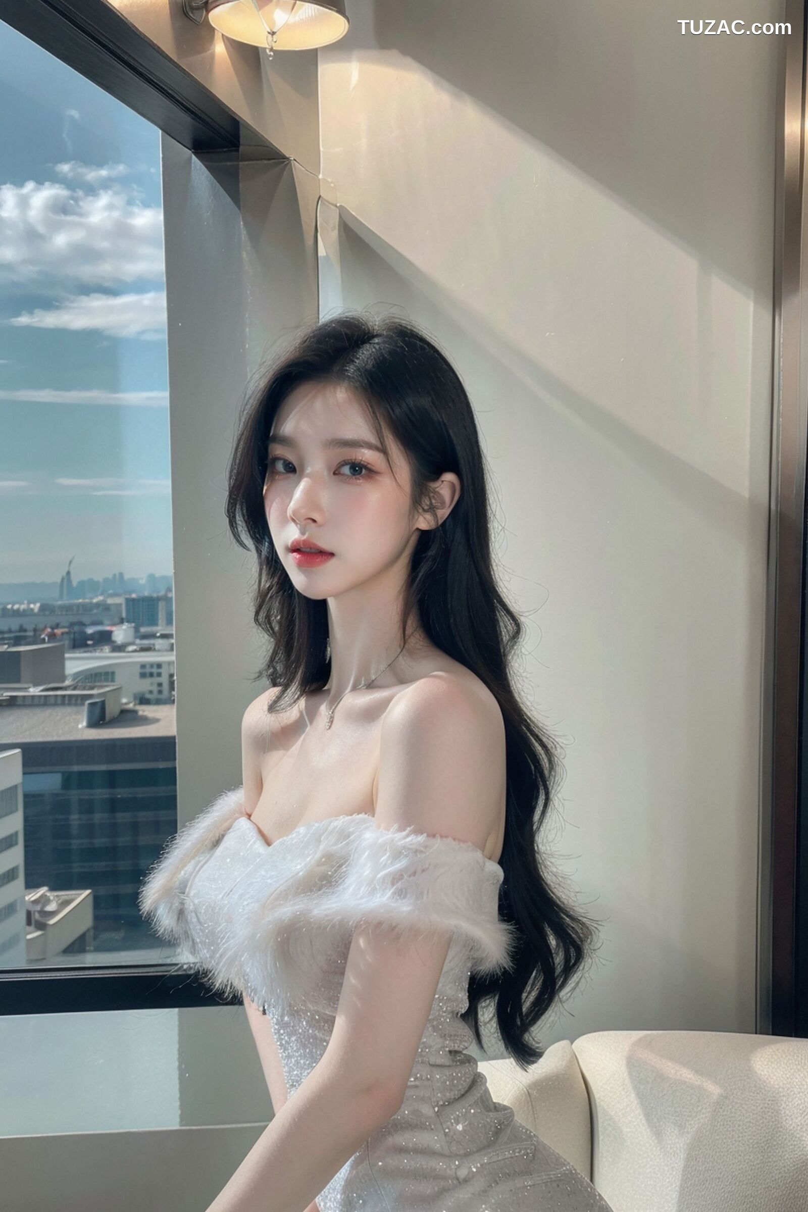 AI美女-拟实-沙发上的白裙美女