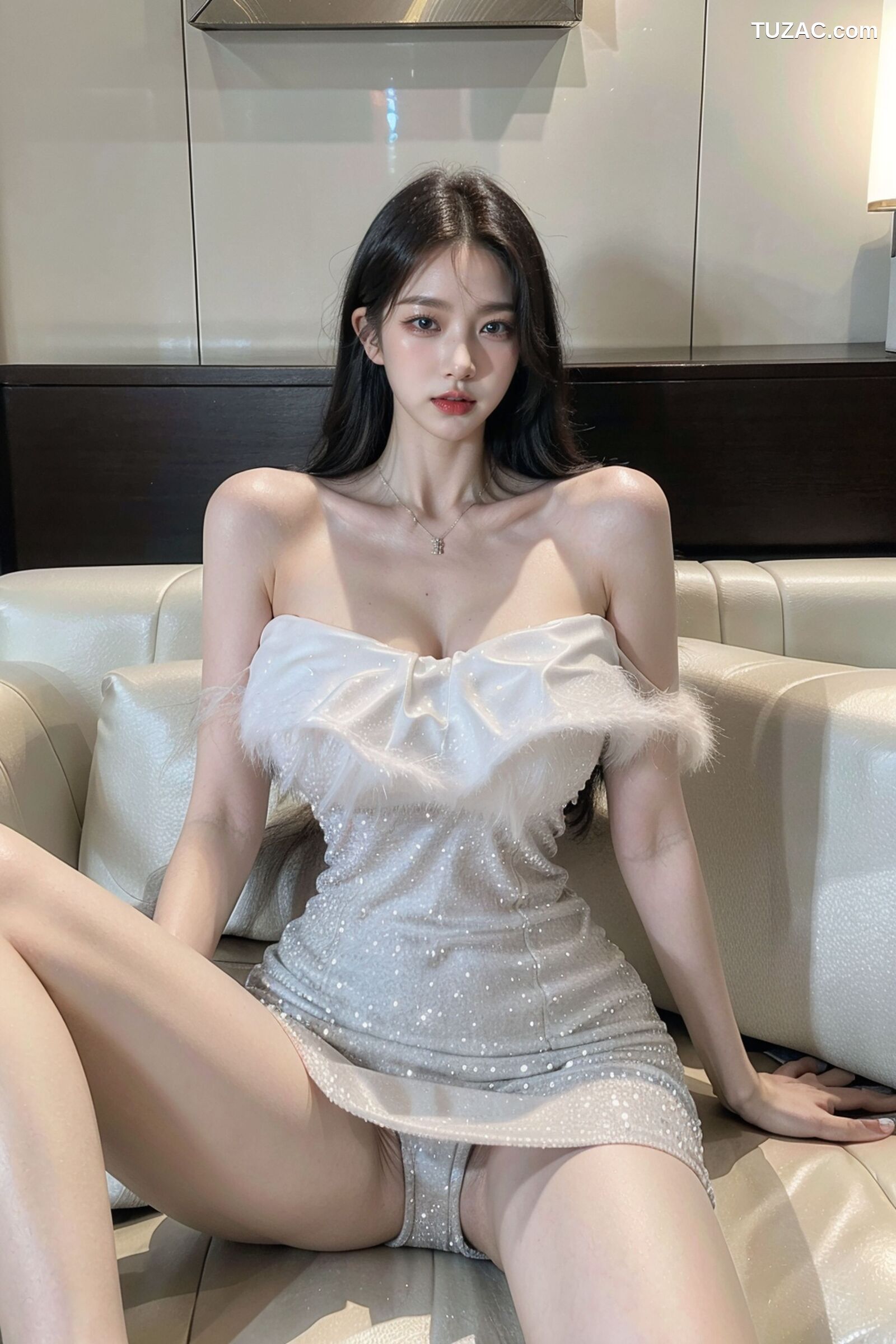 AI美女-拟实-沙发上的白裙美女