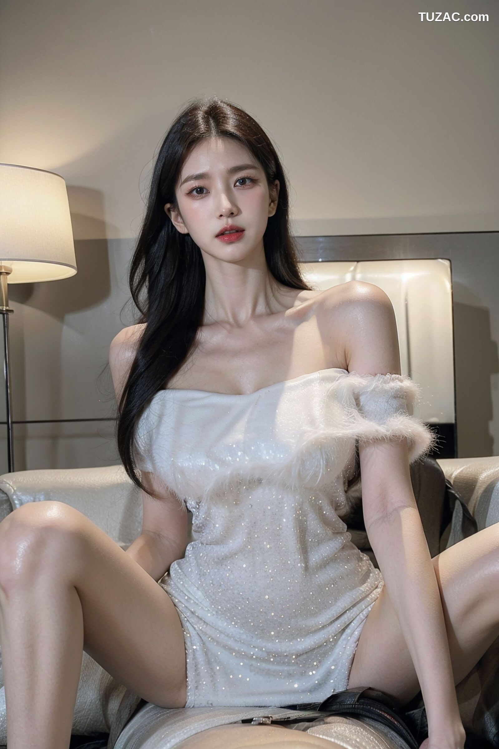 AI美女-拟实-沙发上的白裙美女