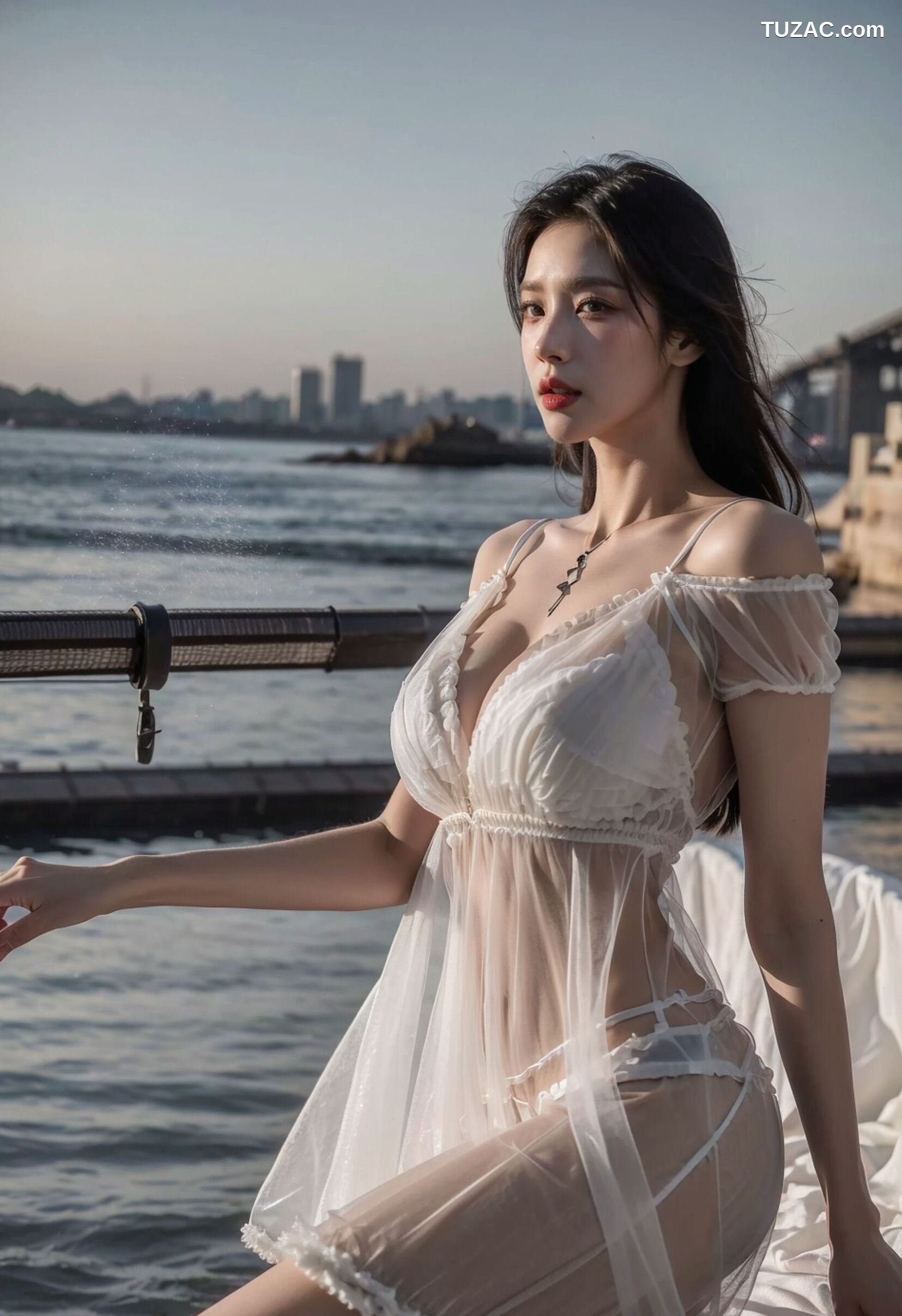 AI美女-拟实-海滨城市户外白裙美女-傍晚