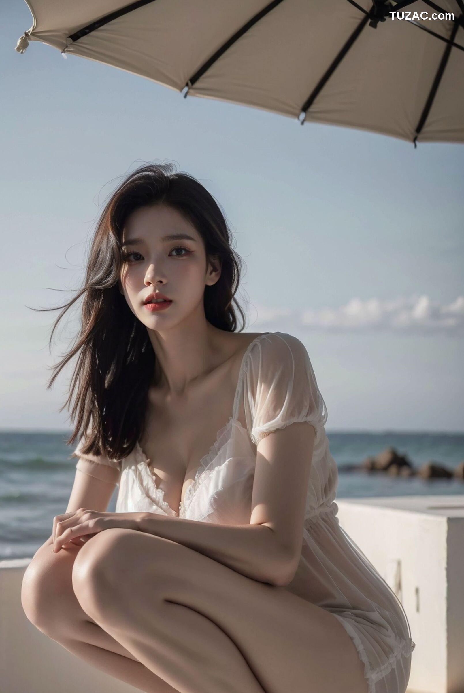 AI美女-拟实-海滨城市户外白裙美女-傍晚
