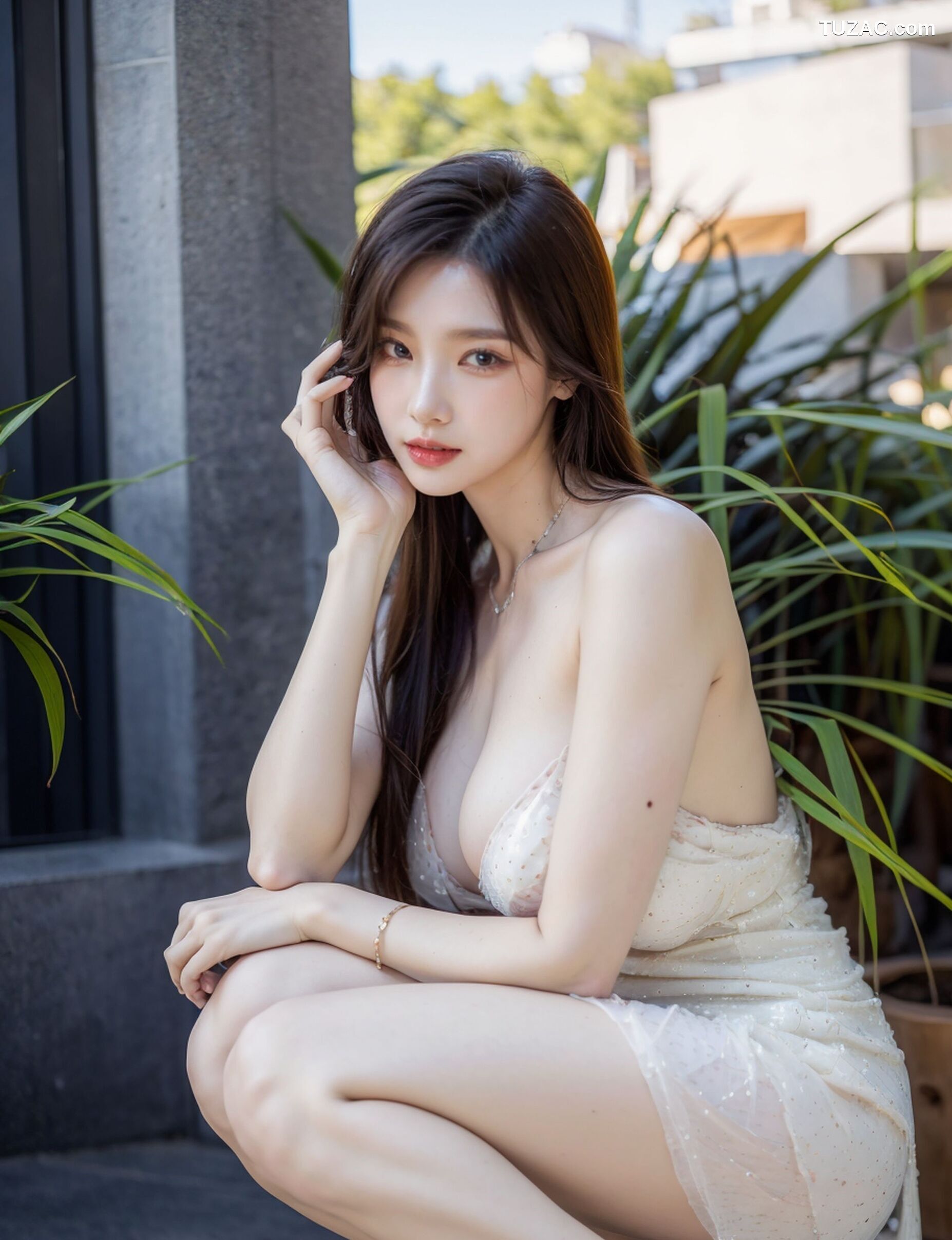 AI美女-拟实-海滨城市户外白裙美女