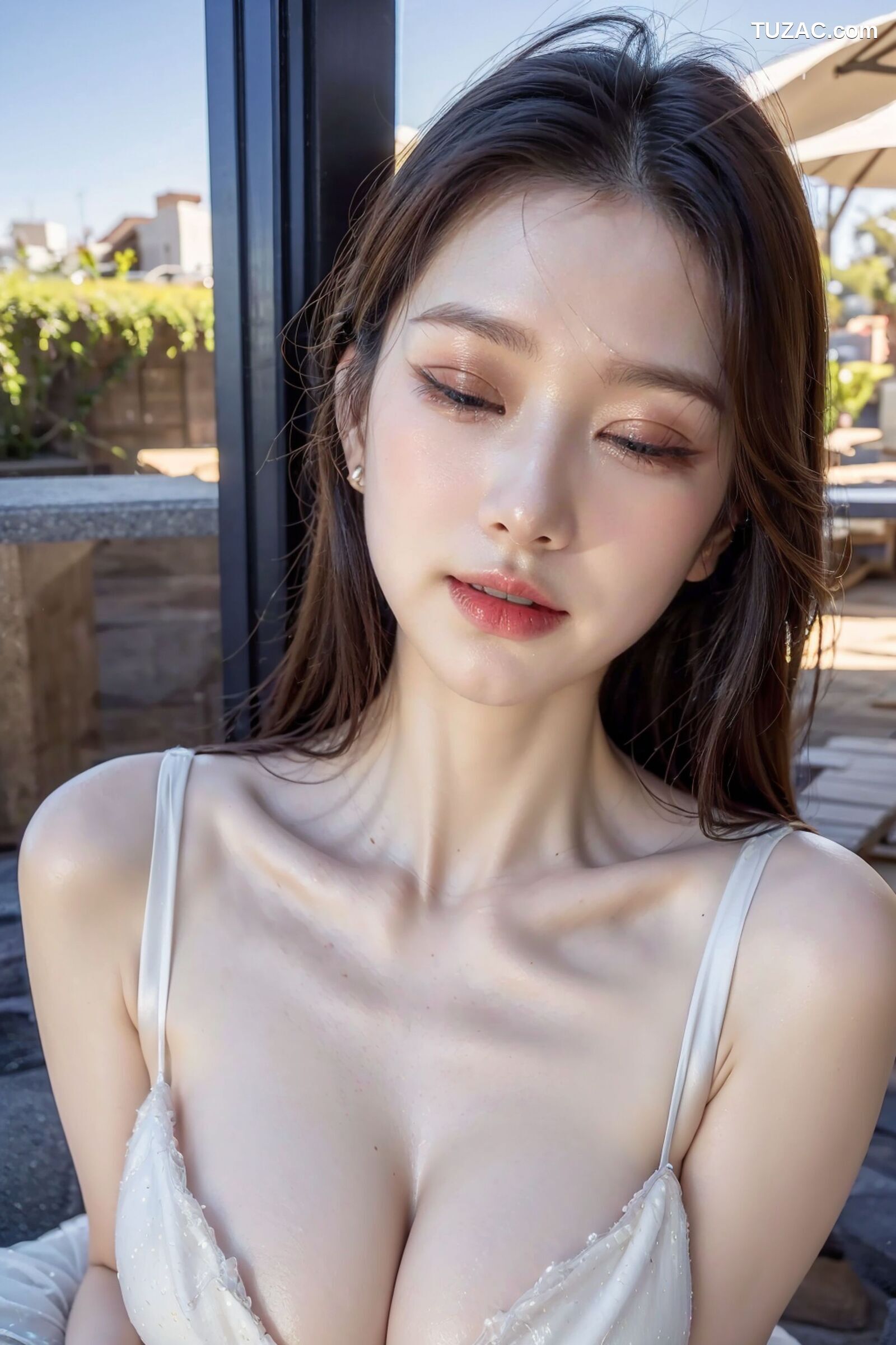 AI美女-拟实-海滨城市户外白裙美女