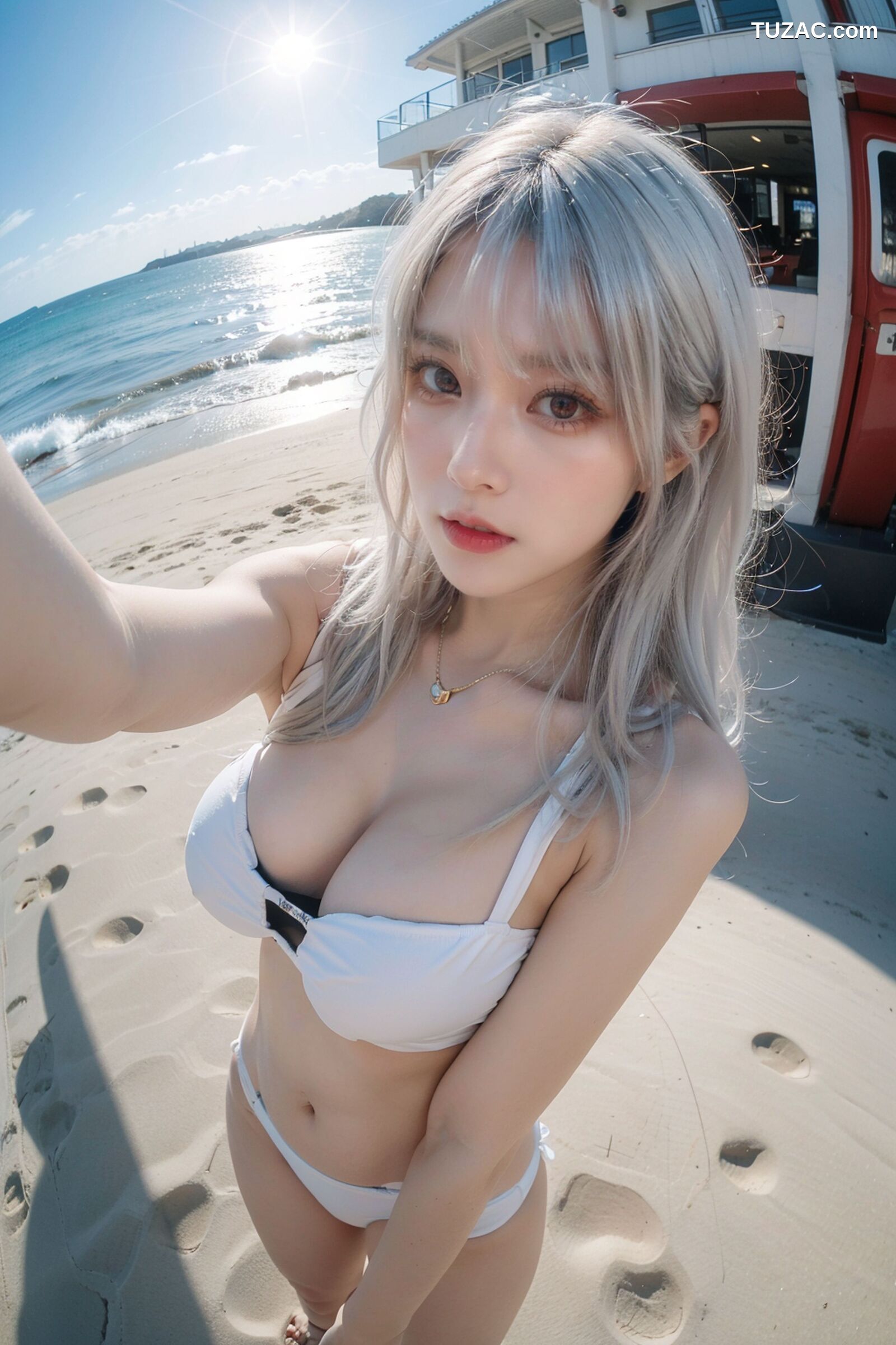 AI美女-拟实-海边沙滩比基尼-淡金发