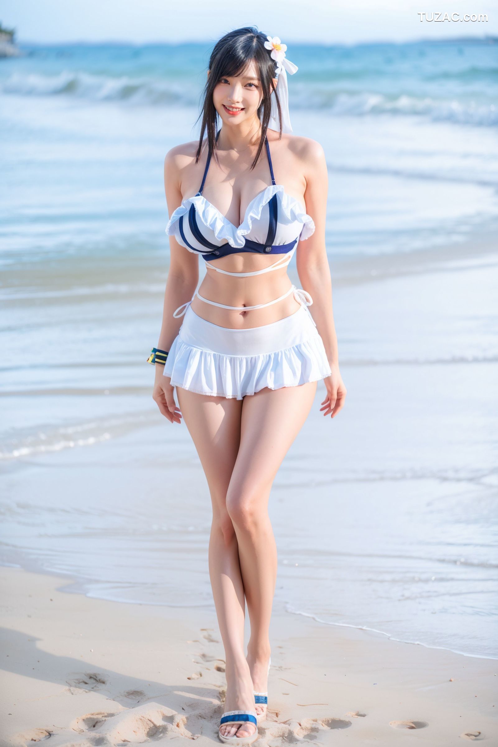 AI美女-拟实-海边的花漾少女蓝白比基尼