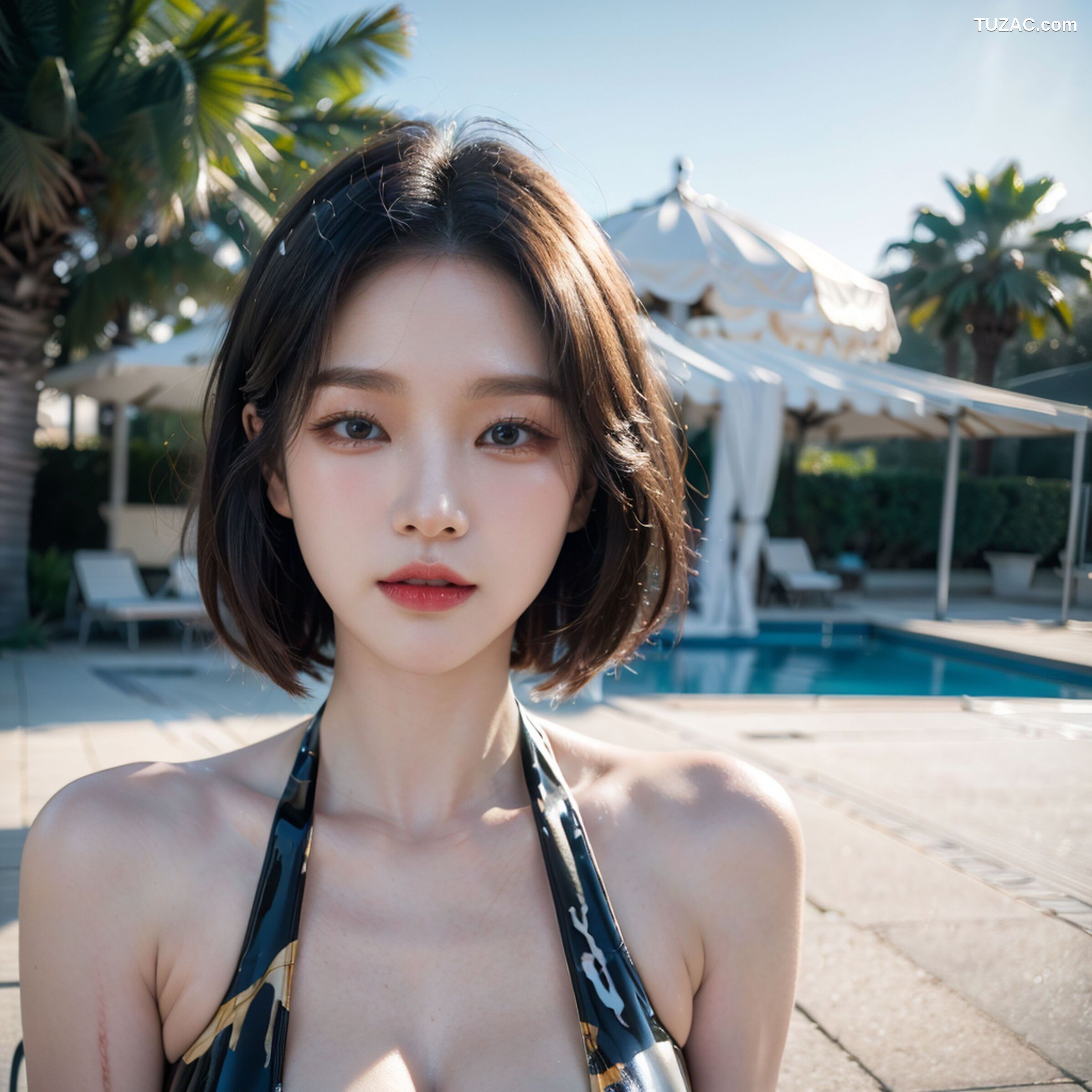 AI美女-拟实-深V黑色内衣户外