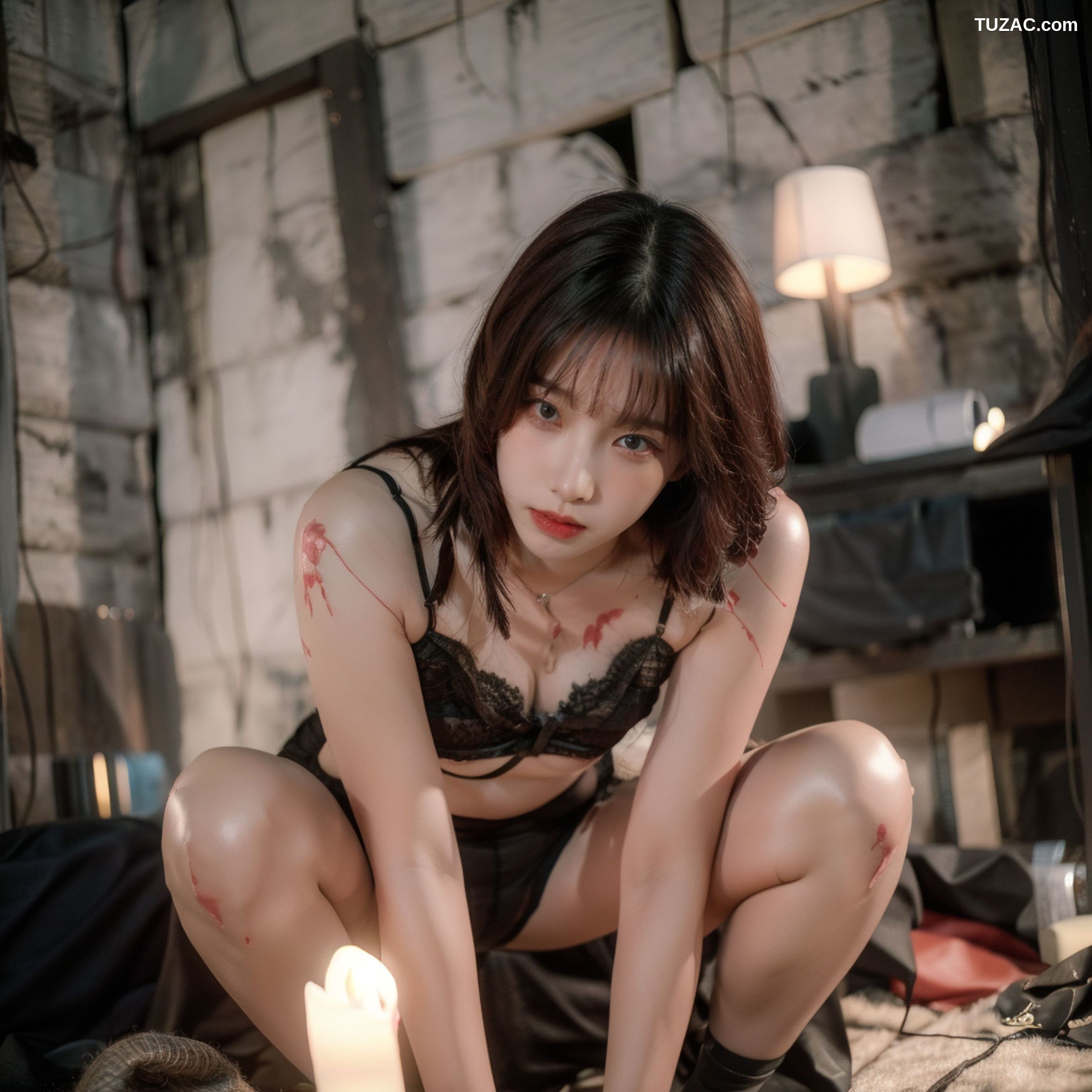 AI美女-拟实-滴蜡黑色内衣