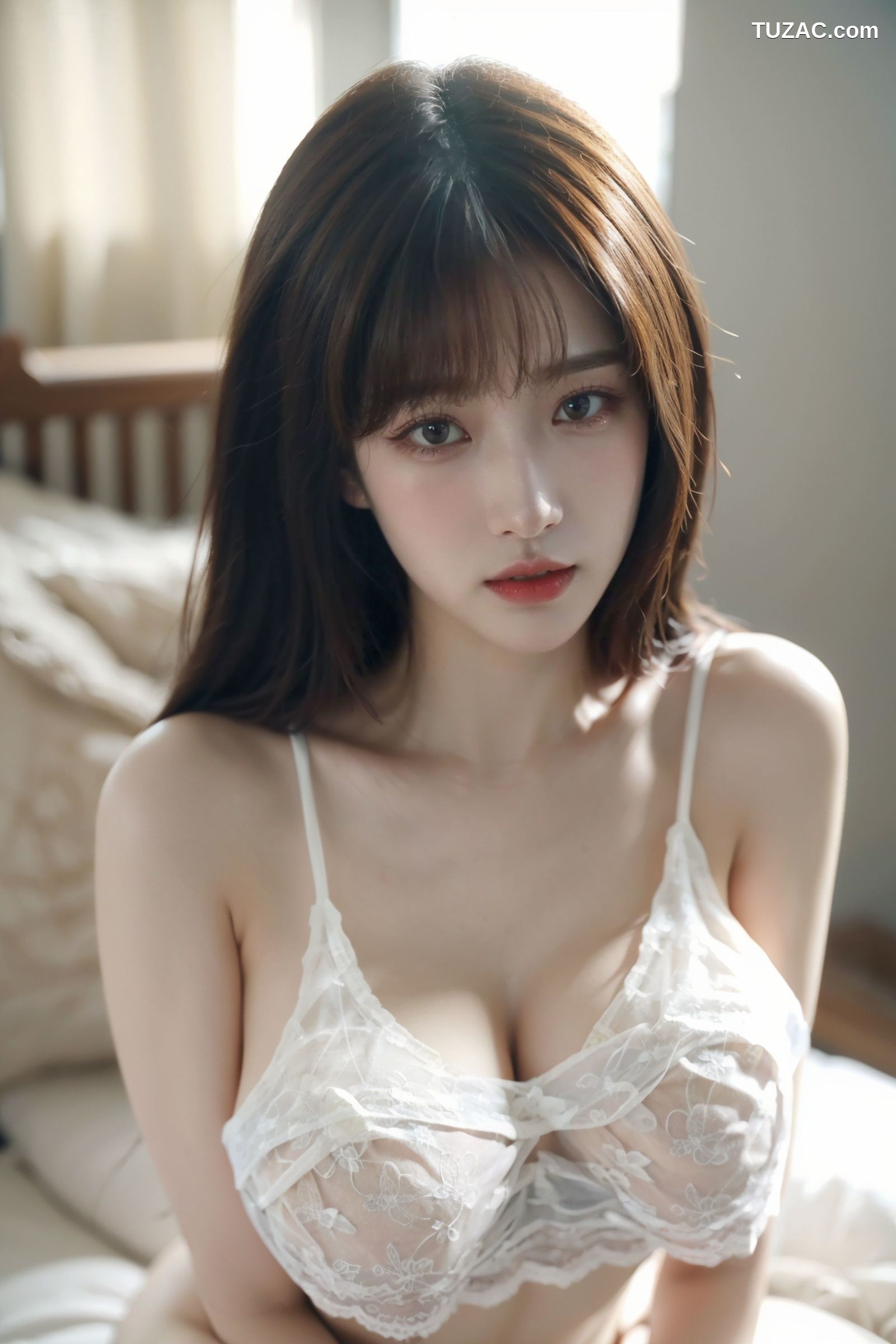 AI美女-拟实-白色蕾丝内衣美女