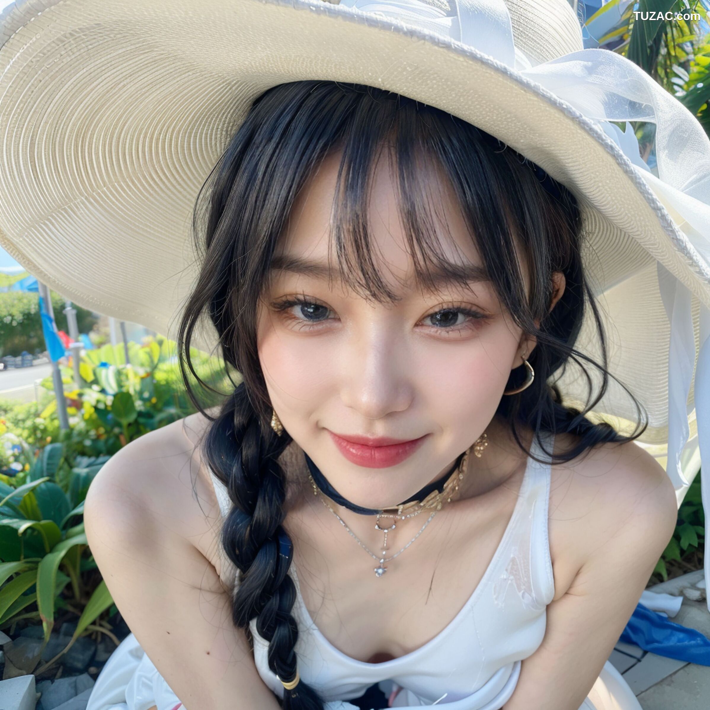 AI美女-拟实-白色遮阳帽的美女-户外