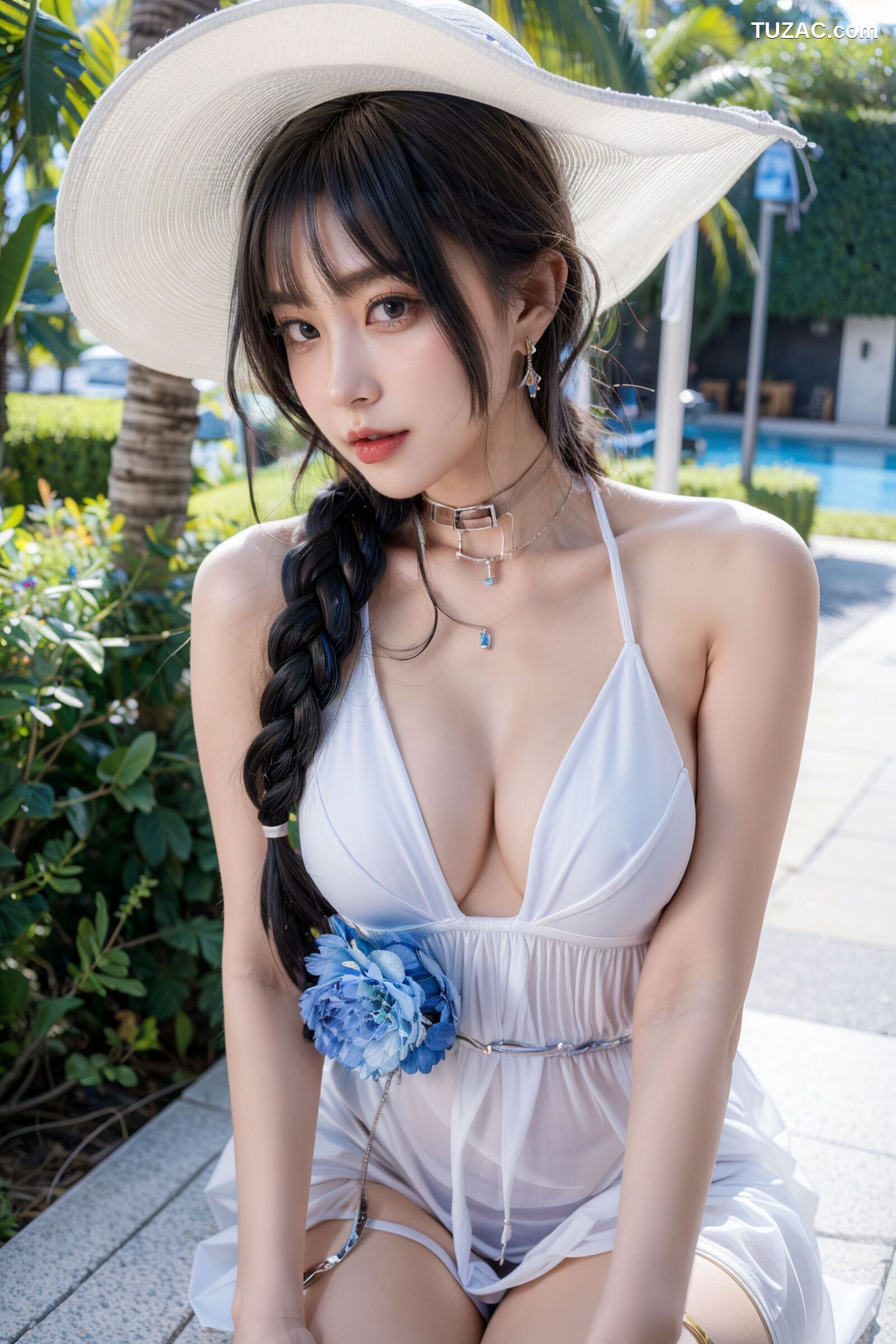 AI美女-拟实-白色遮阳帽的美女-户外