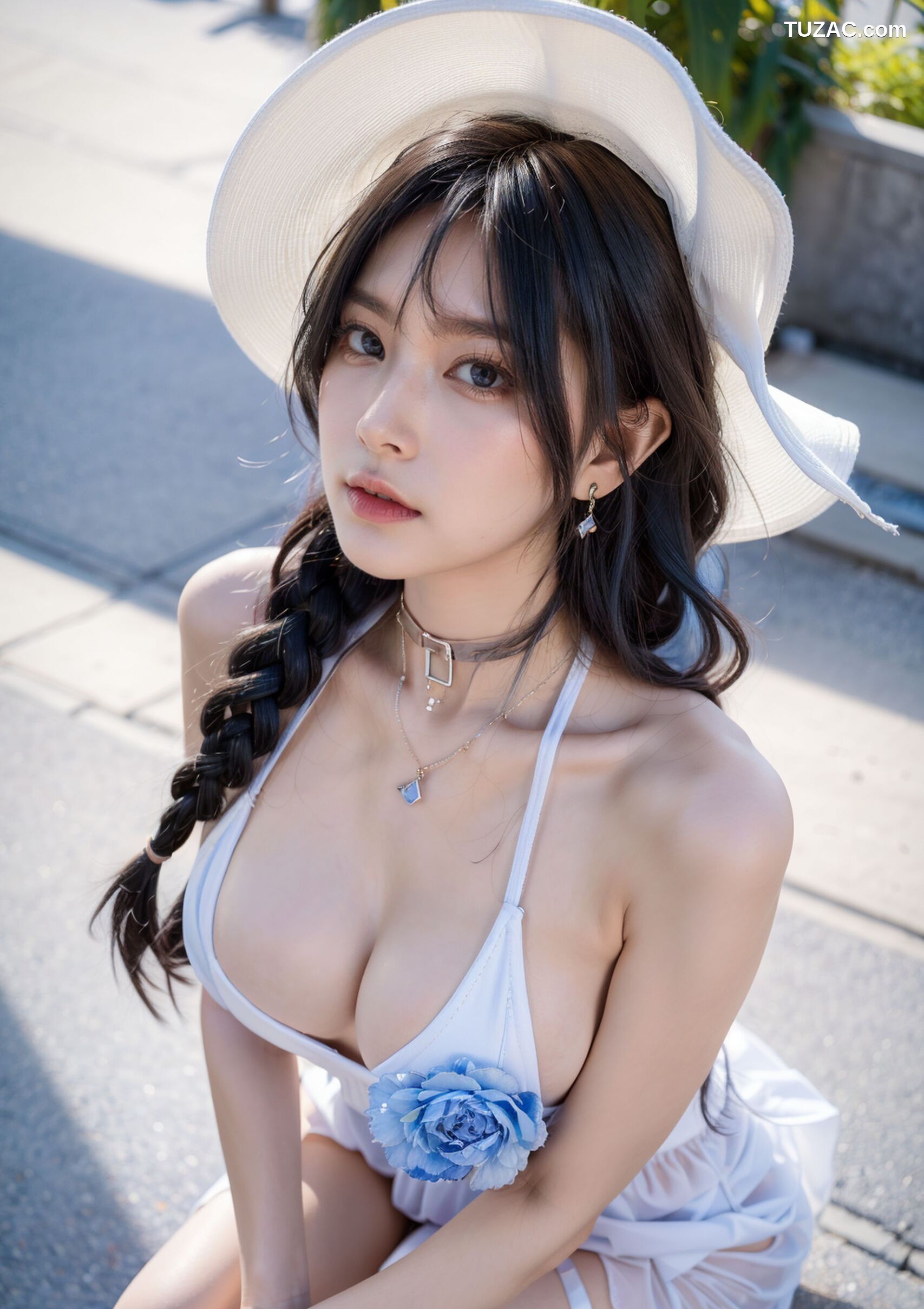 AI美女-拟实-白色遮阳帽的美女-户外