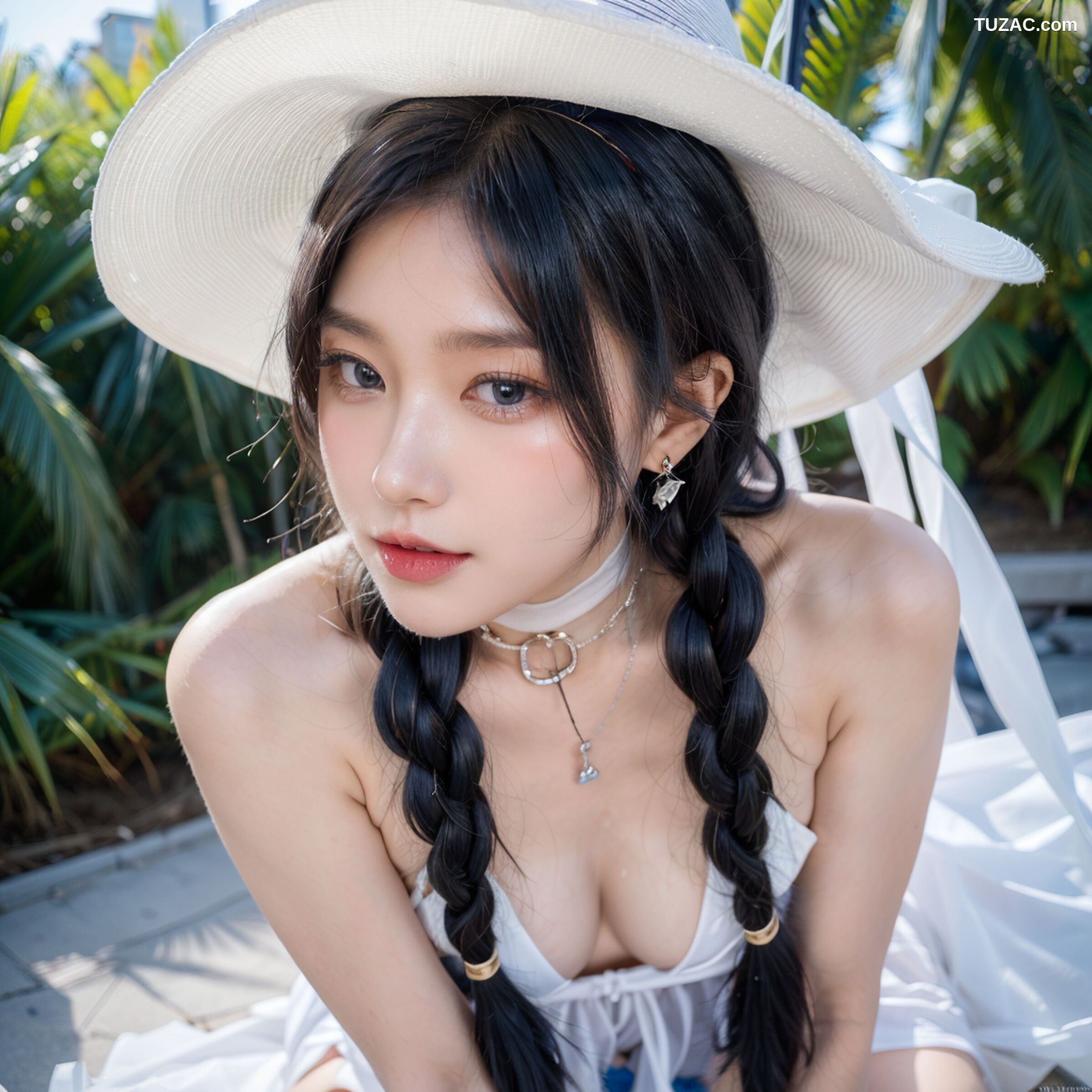 AI美女-拟实-白色遮阳帽的美女-户外