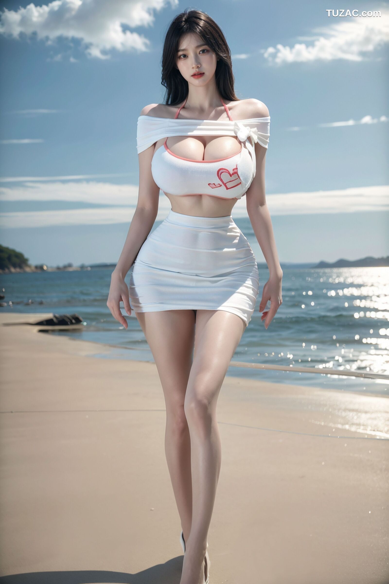 AI美女-拟实-碧海蓝天沙滩白裙美女