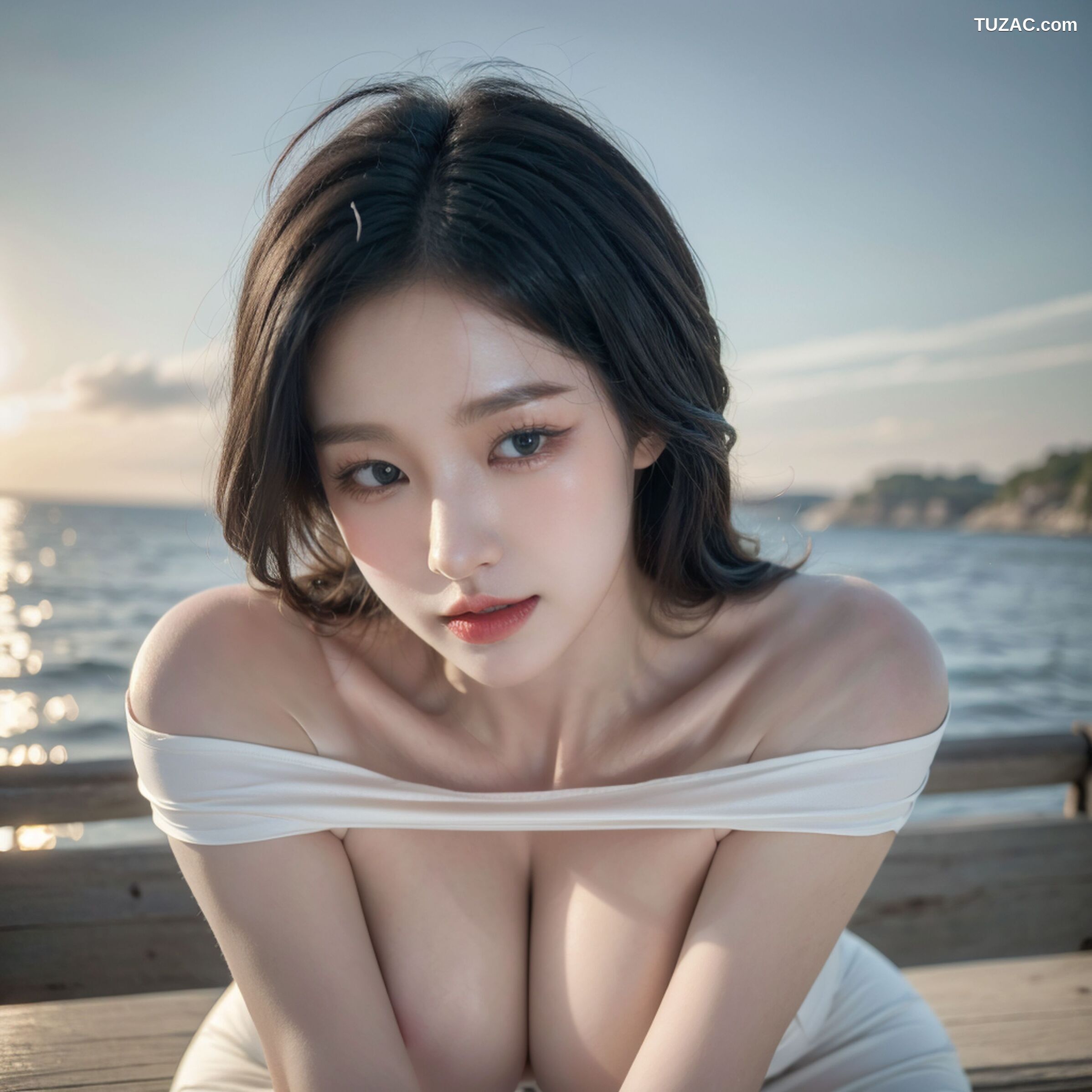AI美女-拟实-碧海蓝天沙滩白裙美女