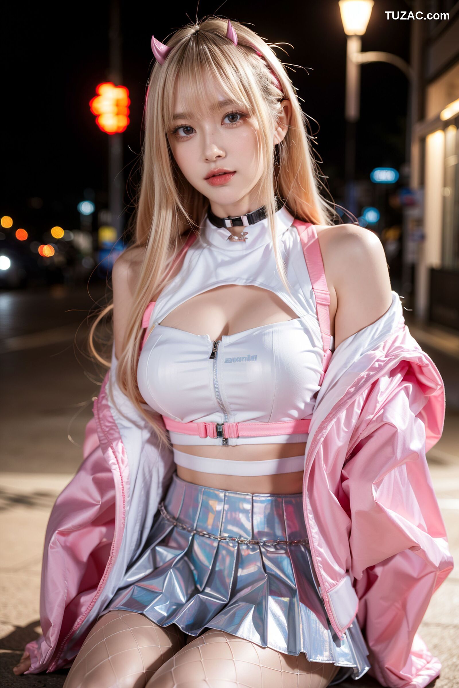 AI美女-拟实-粉衣银色短裙小恶魔-纯净版-夜色街拍