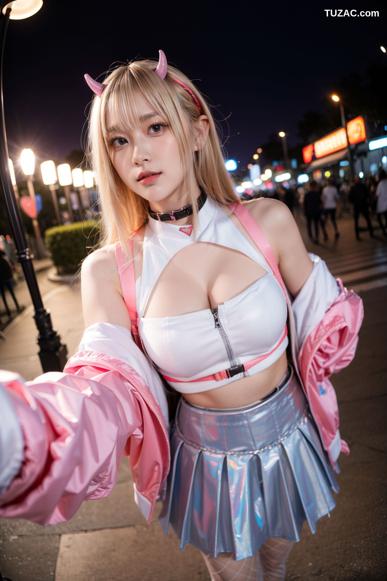 AI美女-拟实-粉衣银色短裙小恶魔-纯净版-夜色街拍