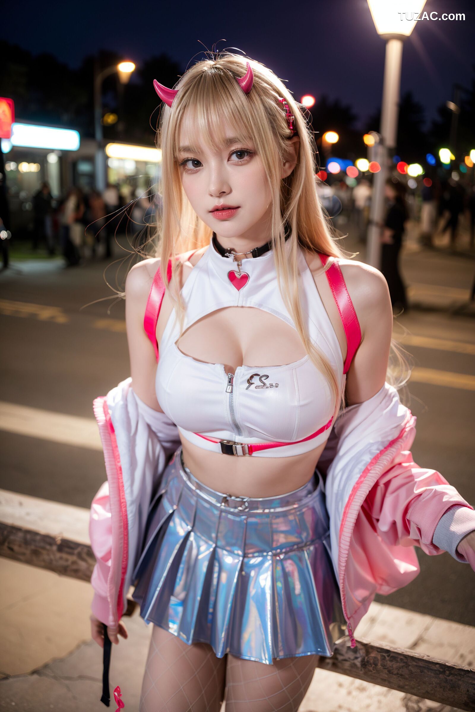 AI美女-拟实-粉衣银色短裙小恶魔-纯净版-夜色街拍