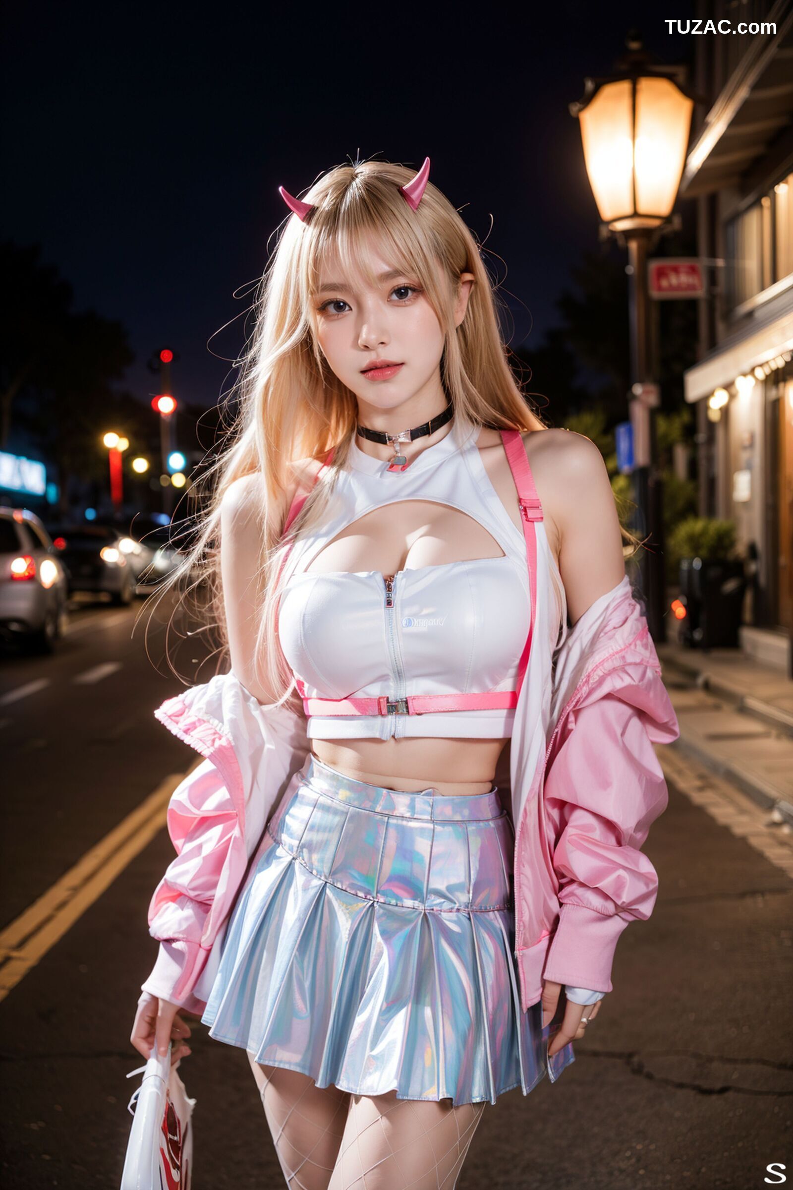 AI美女-拟实-粉衣银色短裙小恶魔-纯净版-夜色街拍