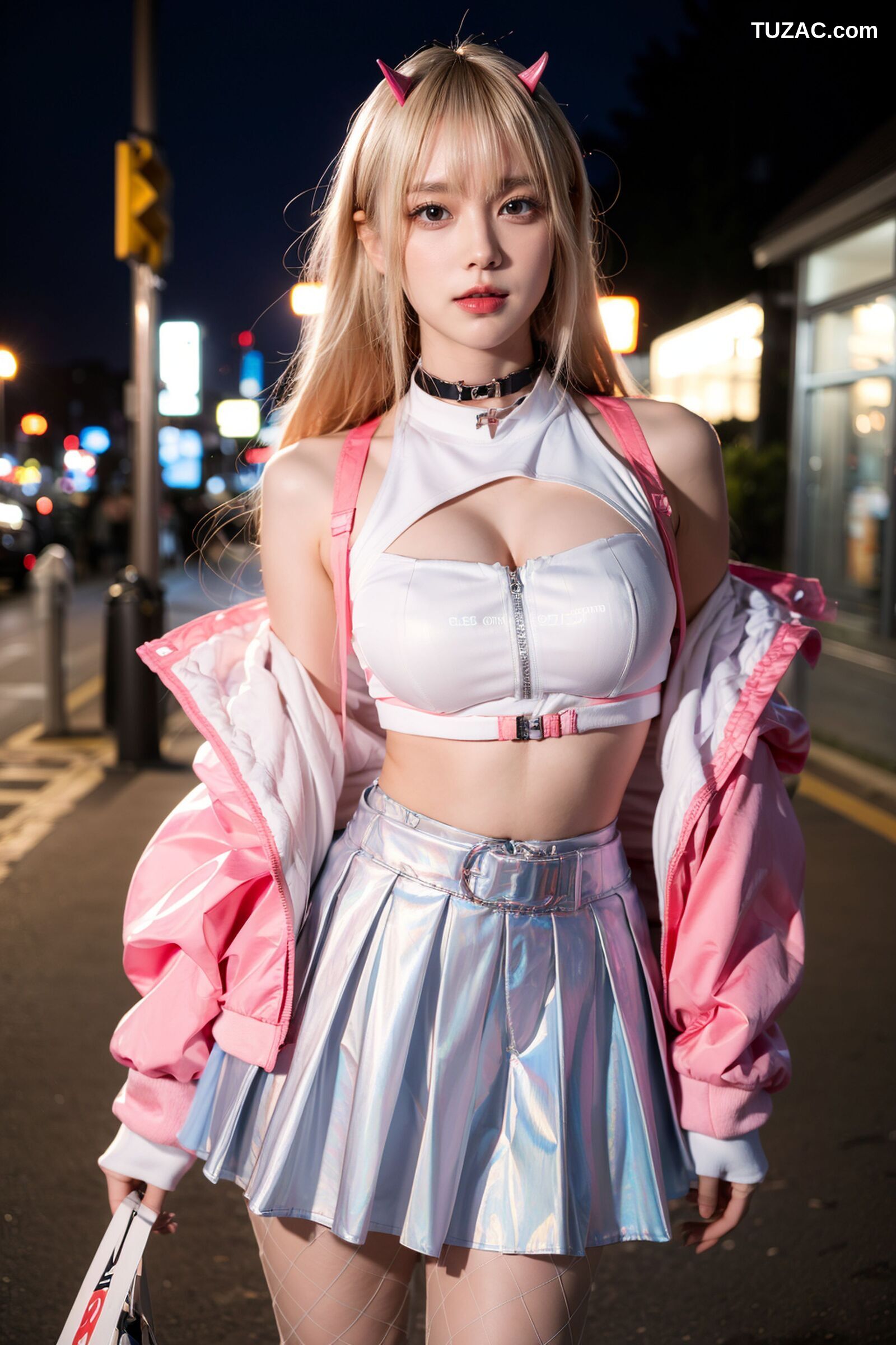 AI美女-拟实-粉衣银色短裙小恶魔-纯净版-夜色街拍