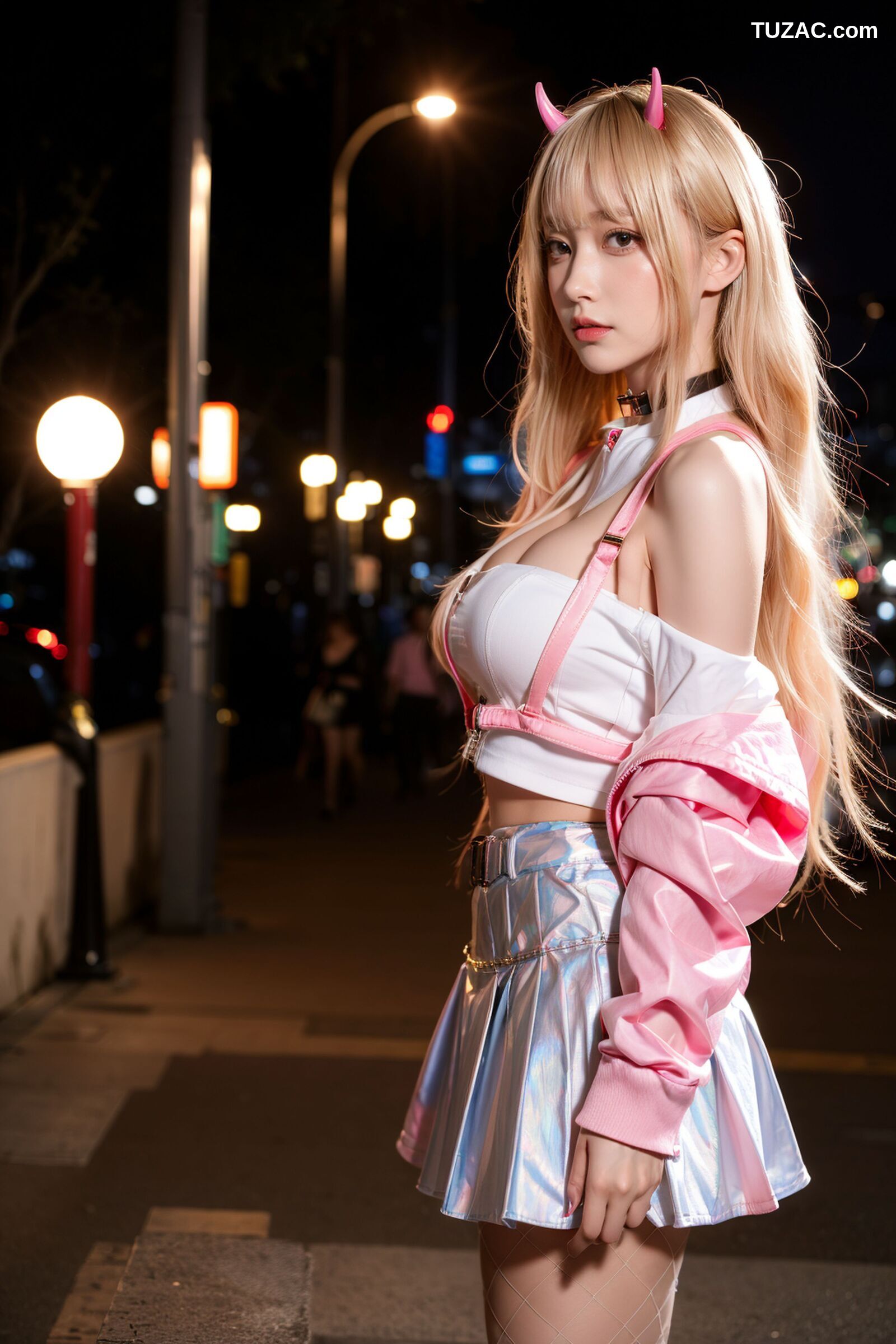 AI美女-拟实-粉衣银色短裙小恶魔-纯净版-夜色街拍