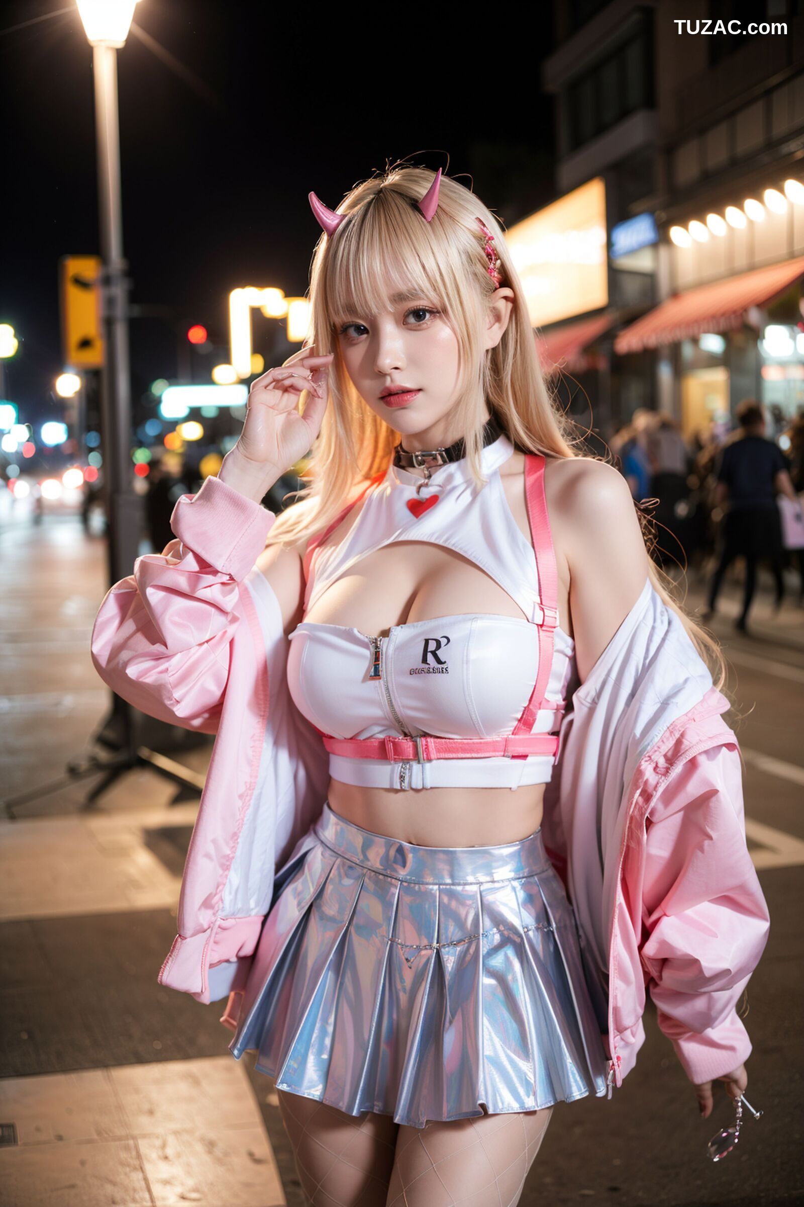 AI美女-拟实-粉衣银色短裙小恶魔-纯净版-夜色街拍