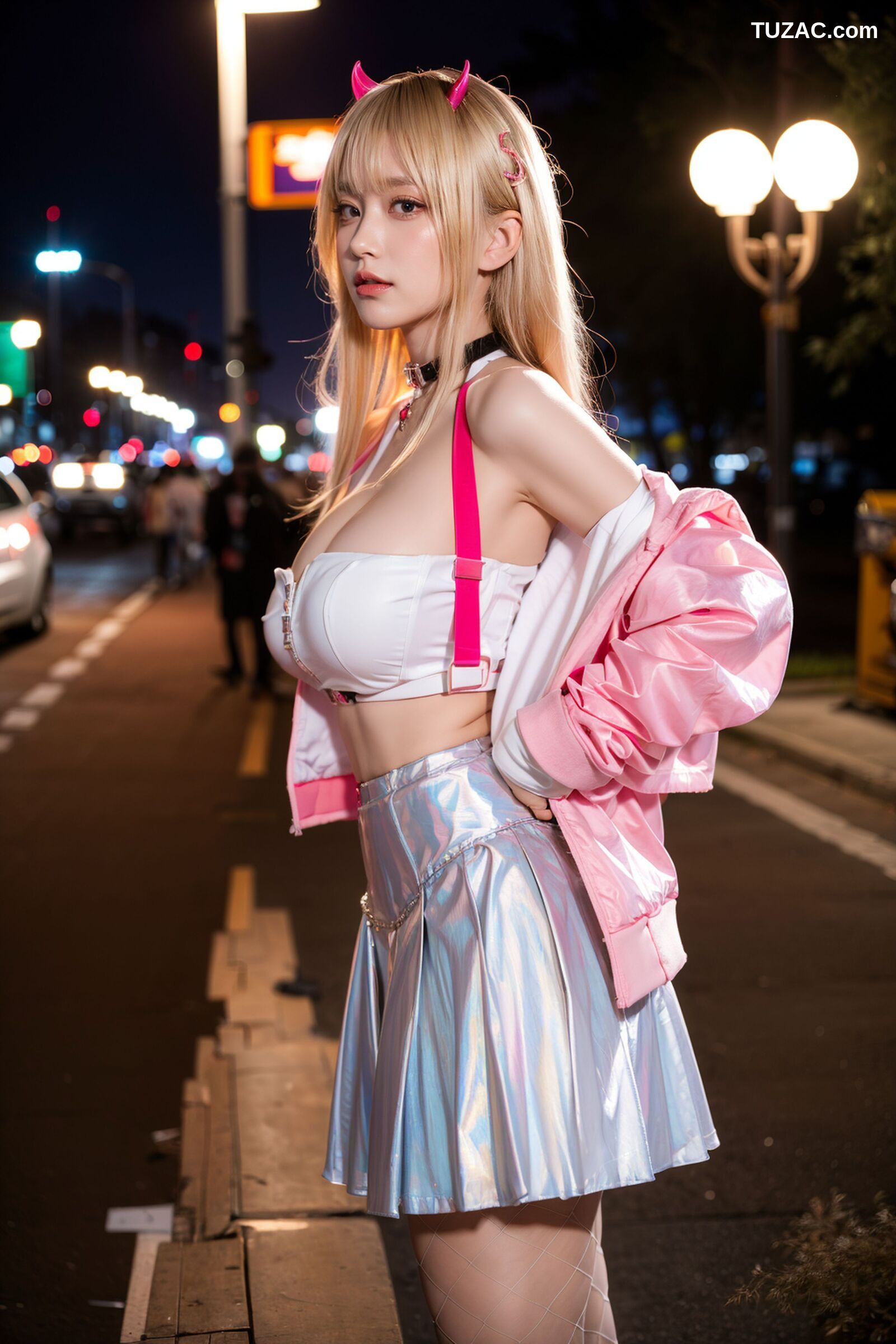 AI美女-拟实-粉衣银色短裙小恶魔-纯净版-夜色街拍