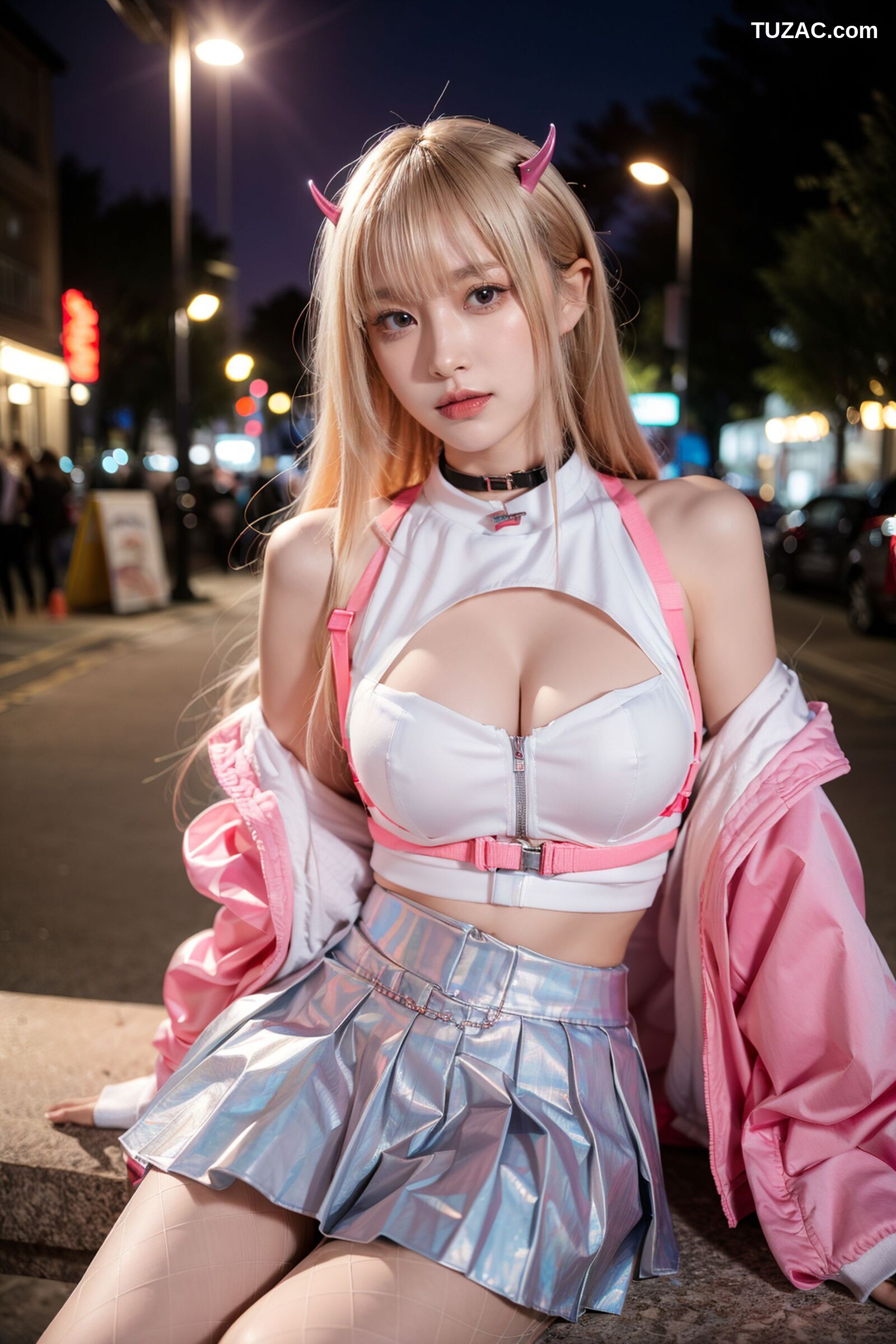 AI美女-拟实-粉衣银色短裙小恶魔-纯净版-夜色街拍