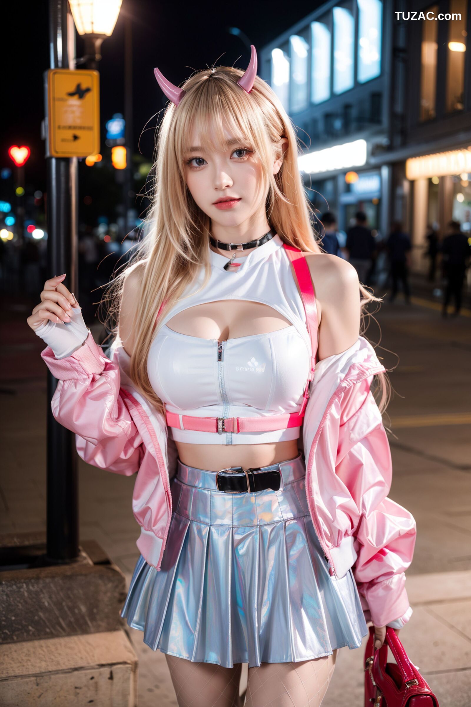 AI美女-拟实-粉衣银色短裙小恶魔-纯净版-夜色街拍
