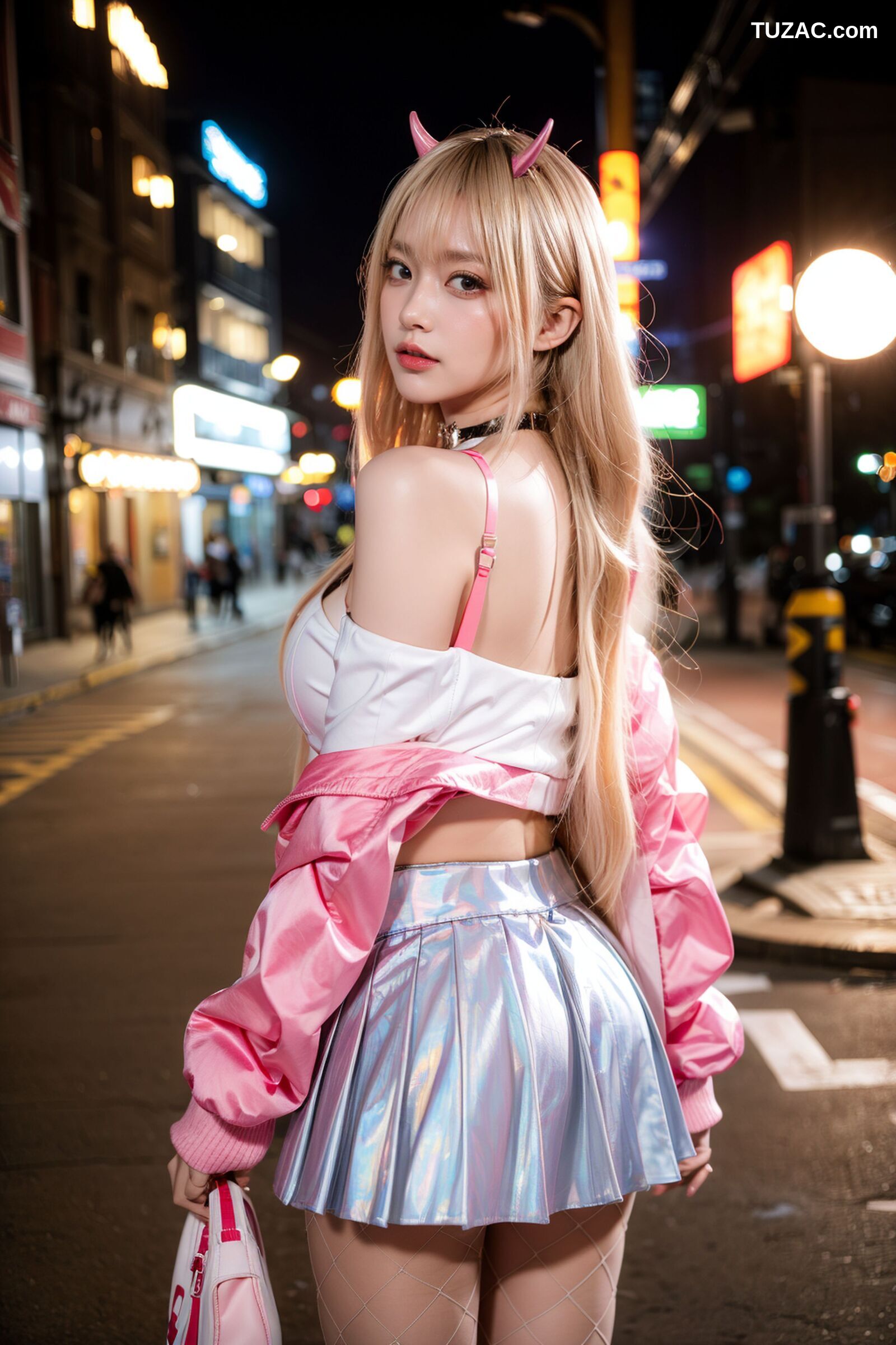 AI美女-拟实-粉衣银色短裙小恶魔-纯净版-夜色街拍
