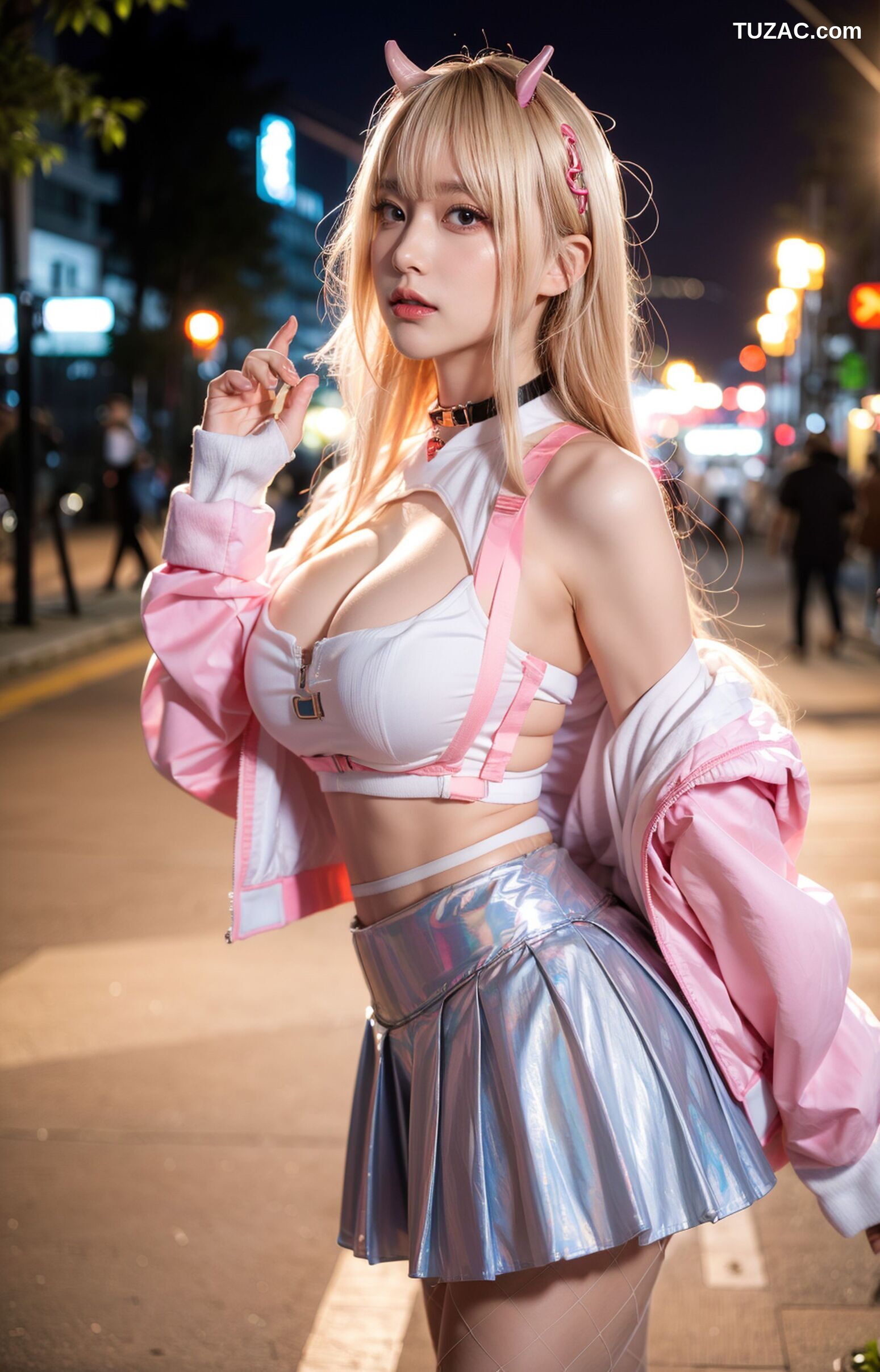 AI美女-拟实-粉衣银色短裙小恶魔-纯净版-夜色街拍