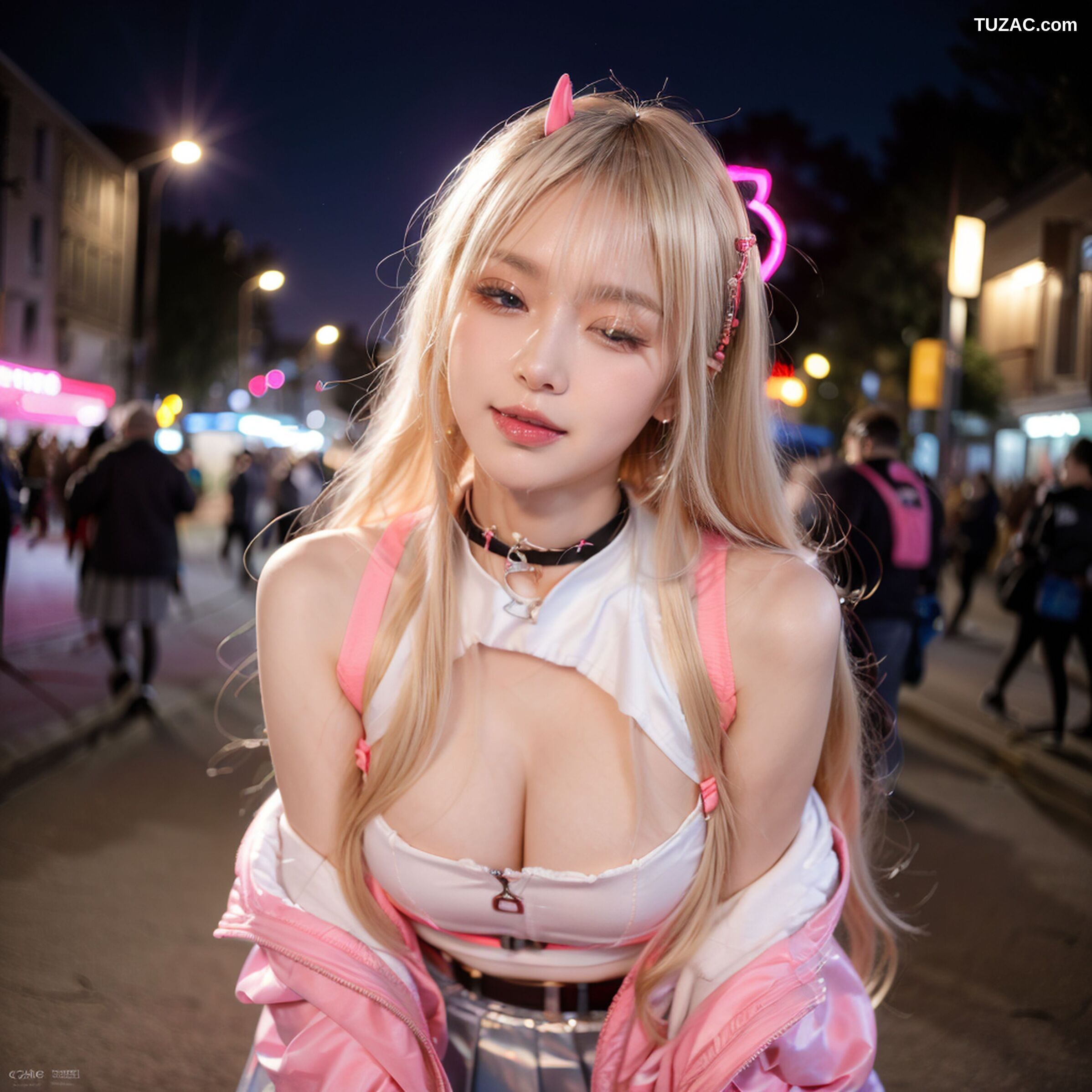 AI美女-拟实-粉衣银色短裙小恶魔-纯净版-夜色街拍