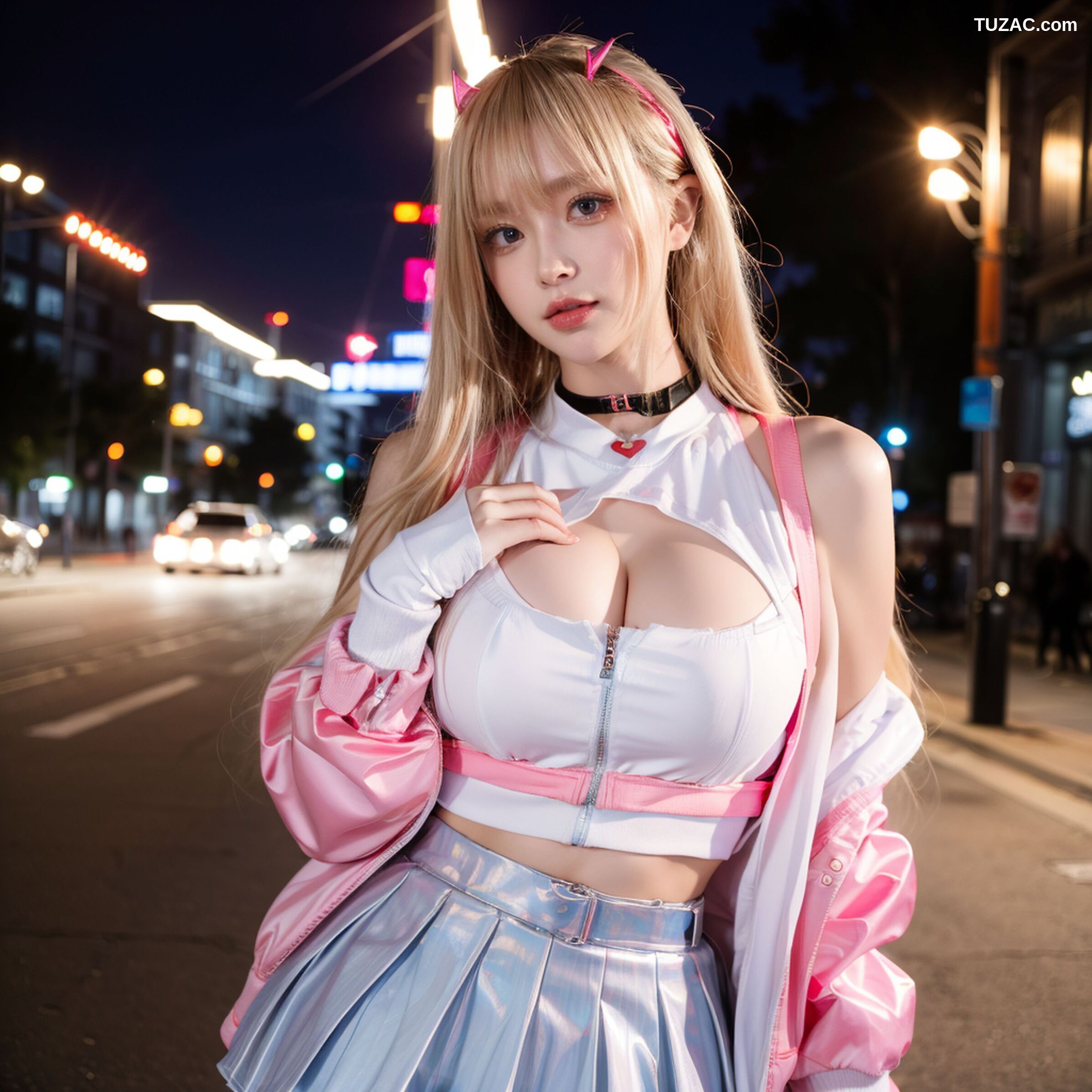 AI美女-拟实-粉衣银色短裙小恶魔-纯净版-夜色街拍