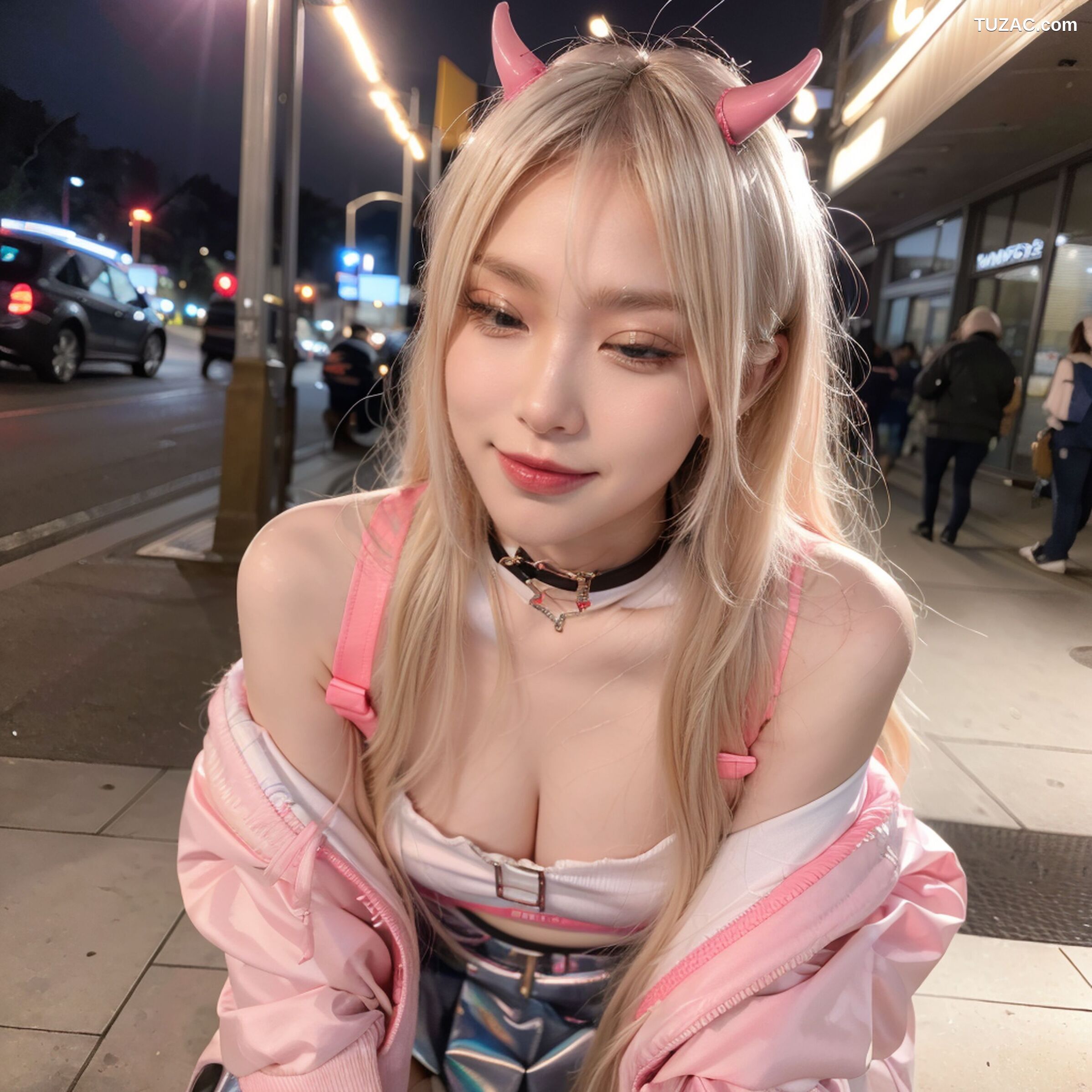AI美女-拟实-粉衣银色短裙小恶魔-纯净版-夜色街拍