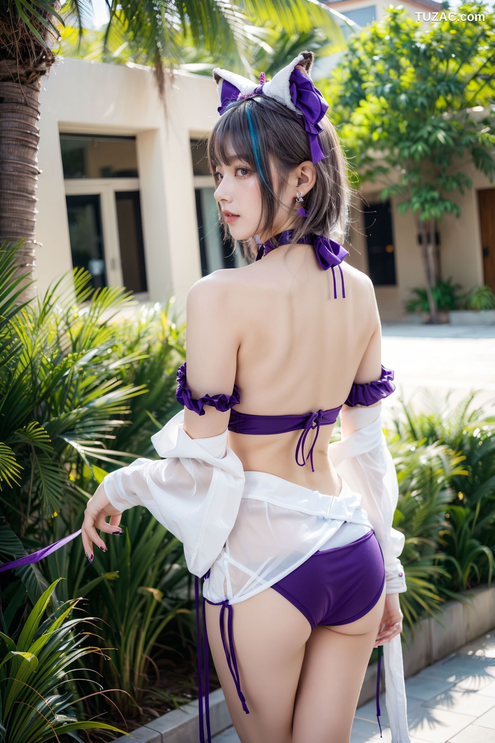 AI美女-拟实-紫色比基尼兽耳泳池场景