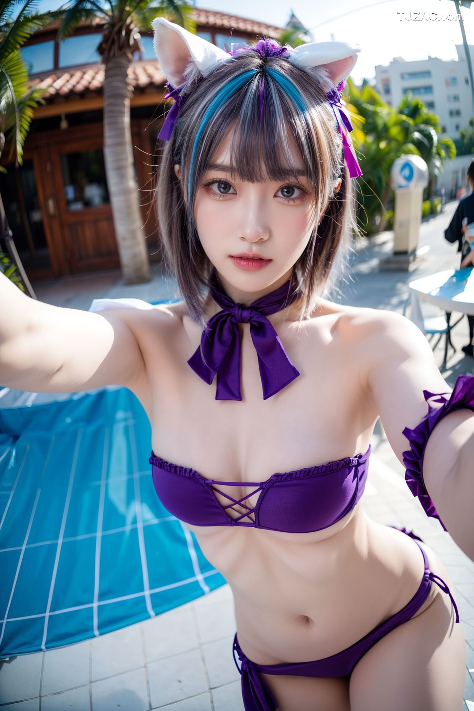 AI美女-拟实-紫色比基尼兽耳泳池场景
