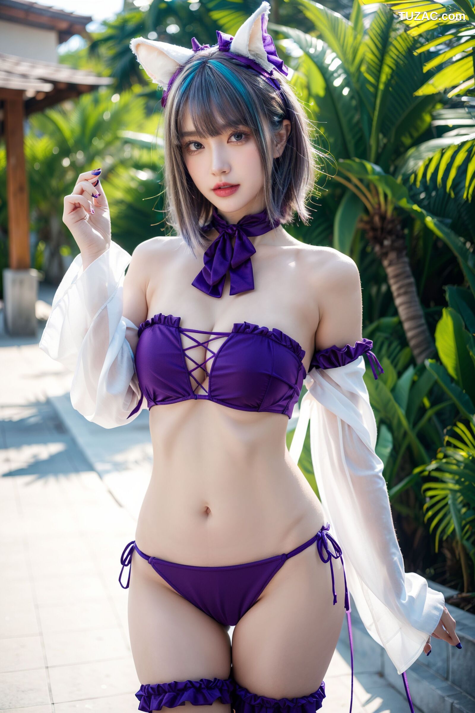 AI美女-拟实-紫色比基尼兽耳泳池场景