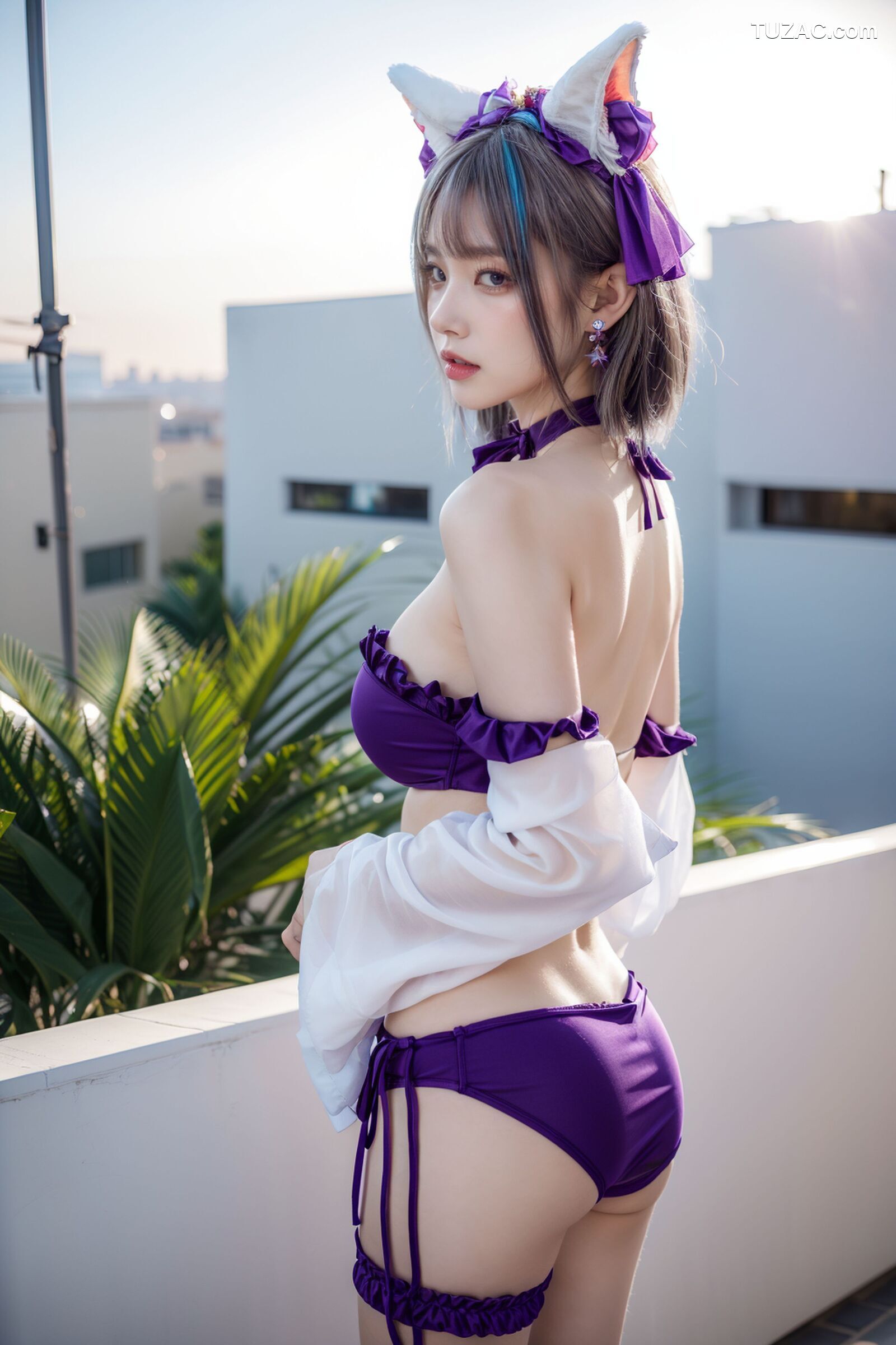 AI美女-拟实-紫色比基尼兽耳泳池场景