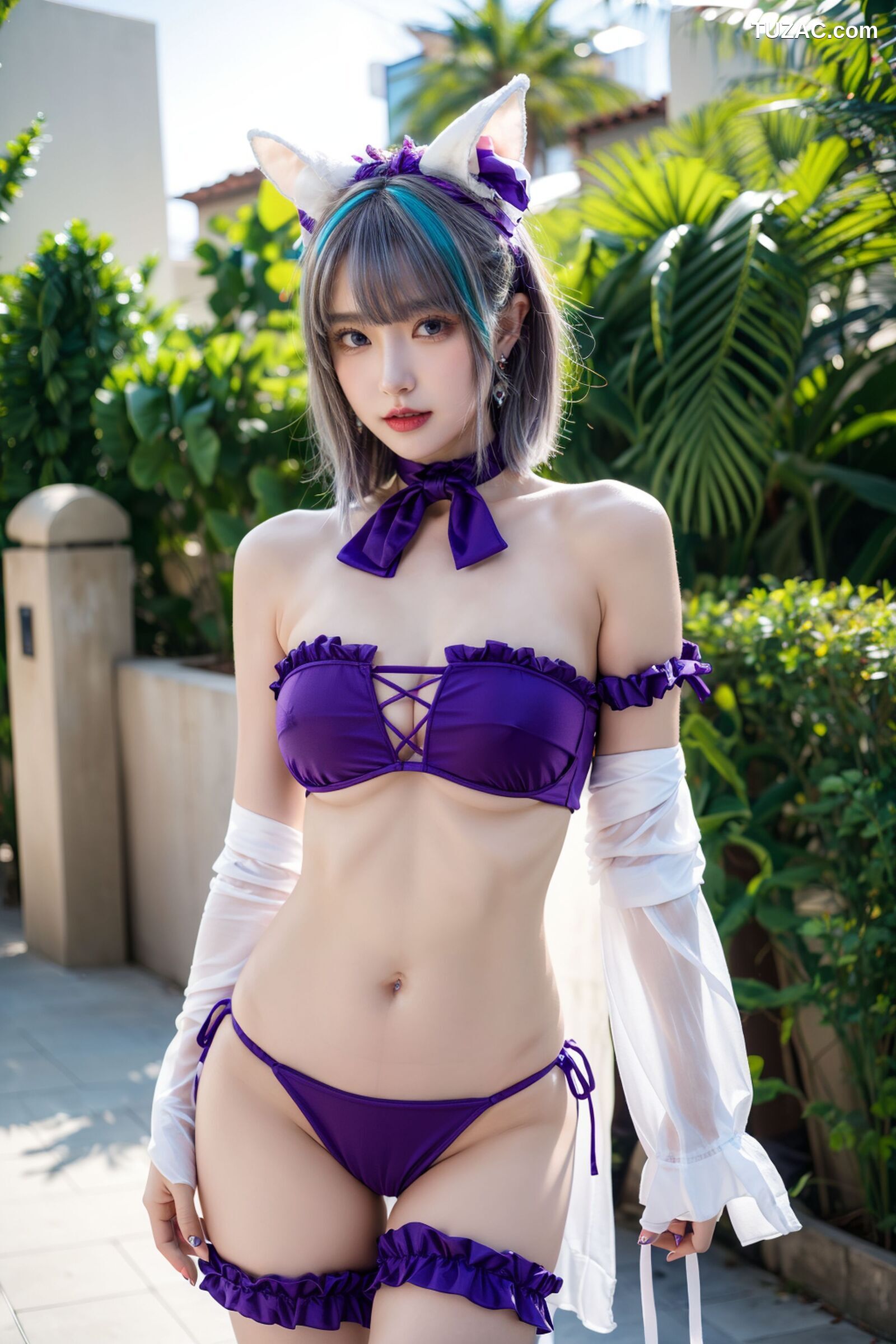 AI美女-拟实-紫色比基尼兽耳泳池场景