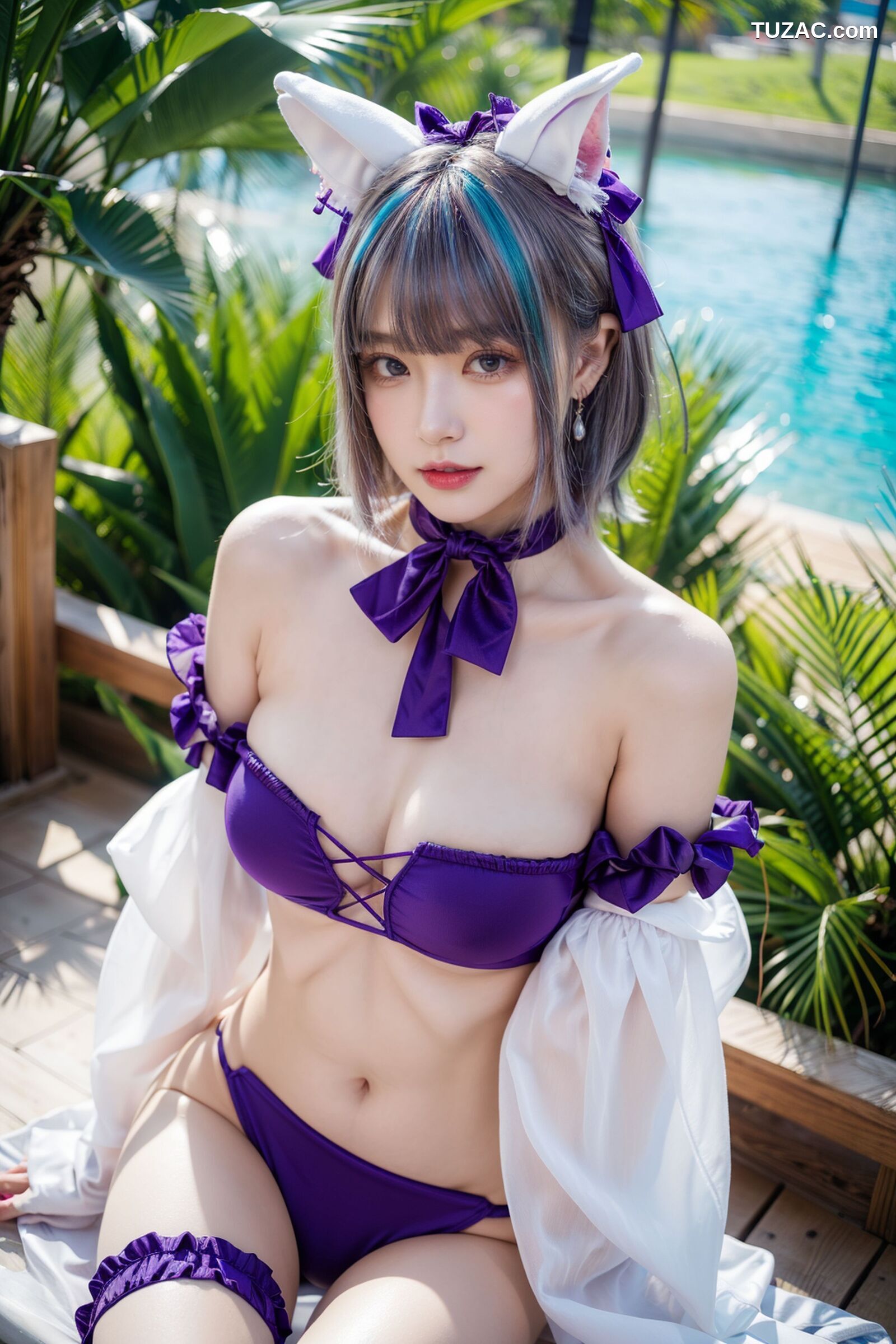 AI美女-拟实-紫色比基尼兽耳泳池场景