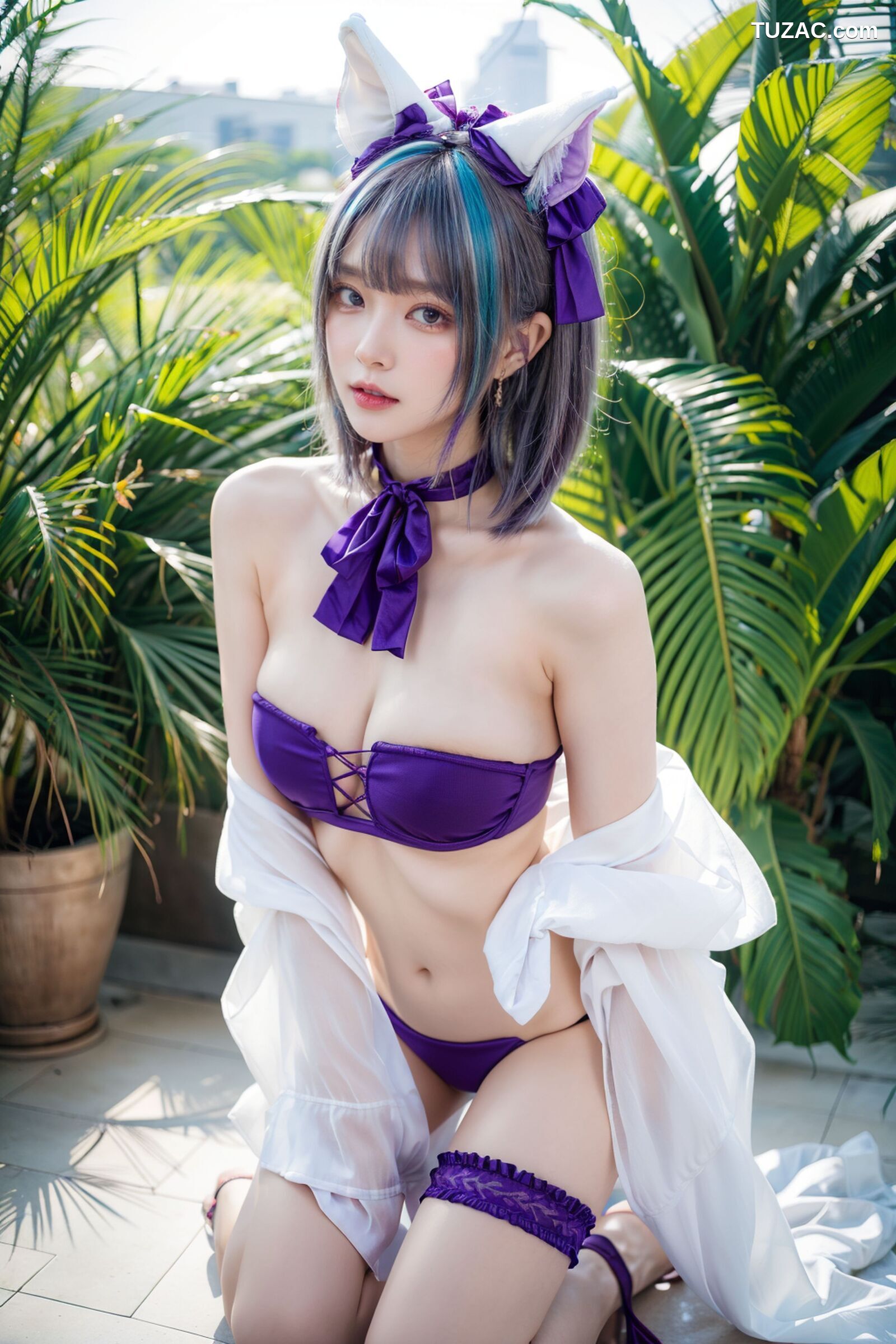 AI美女-拟实-紫色比基尼兽耳泳池场景