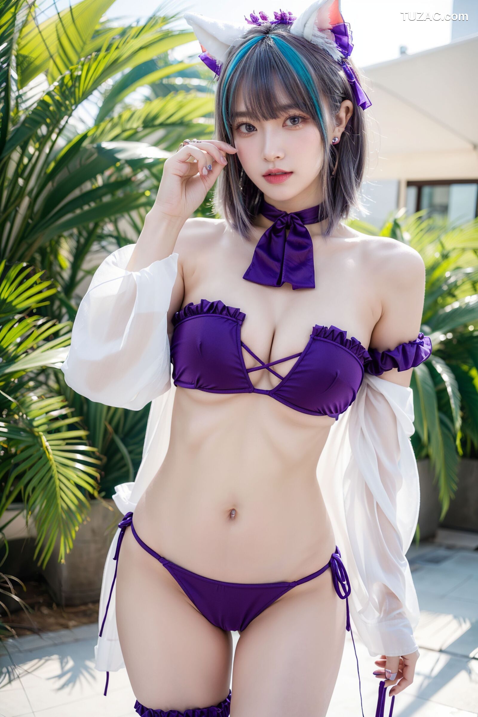 AI美女-拟实-紫色比基尼兽耳泳池场景
